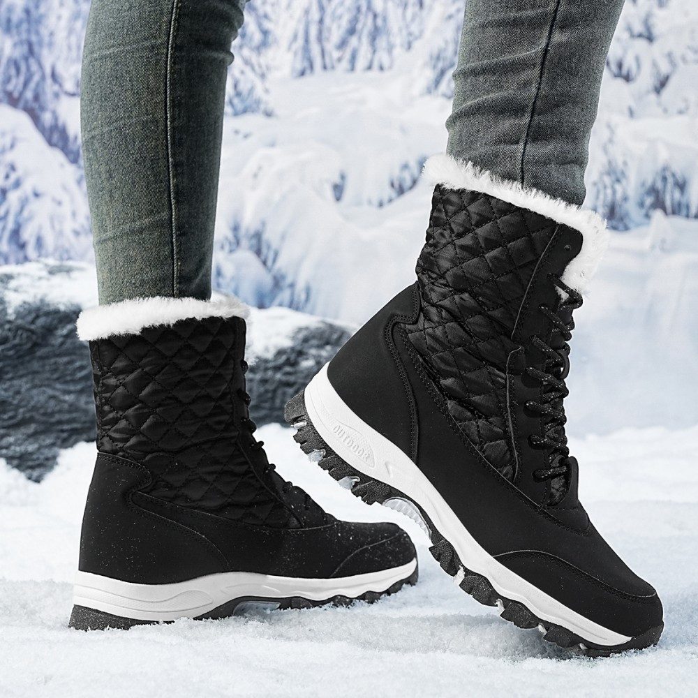 Schneeschuhe Damen Wasserdicht Gefüttert Hoch Weite H 39 Stiefel Winterboots Outdoor Flach Übergröße Elegant Winterstiefel Schneestiefel Plattform Kurzschaft Warme Schwarz Schlupfstiefel Winterschuhe