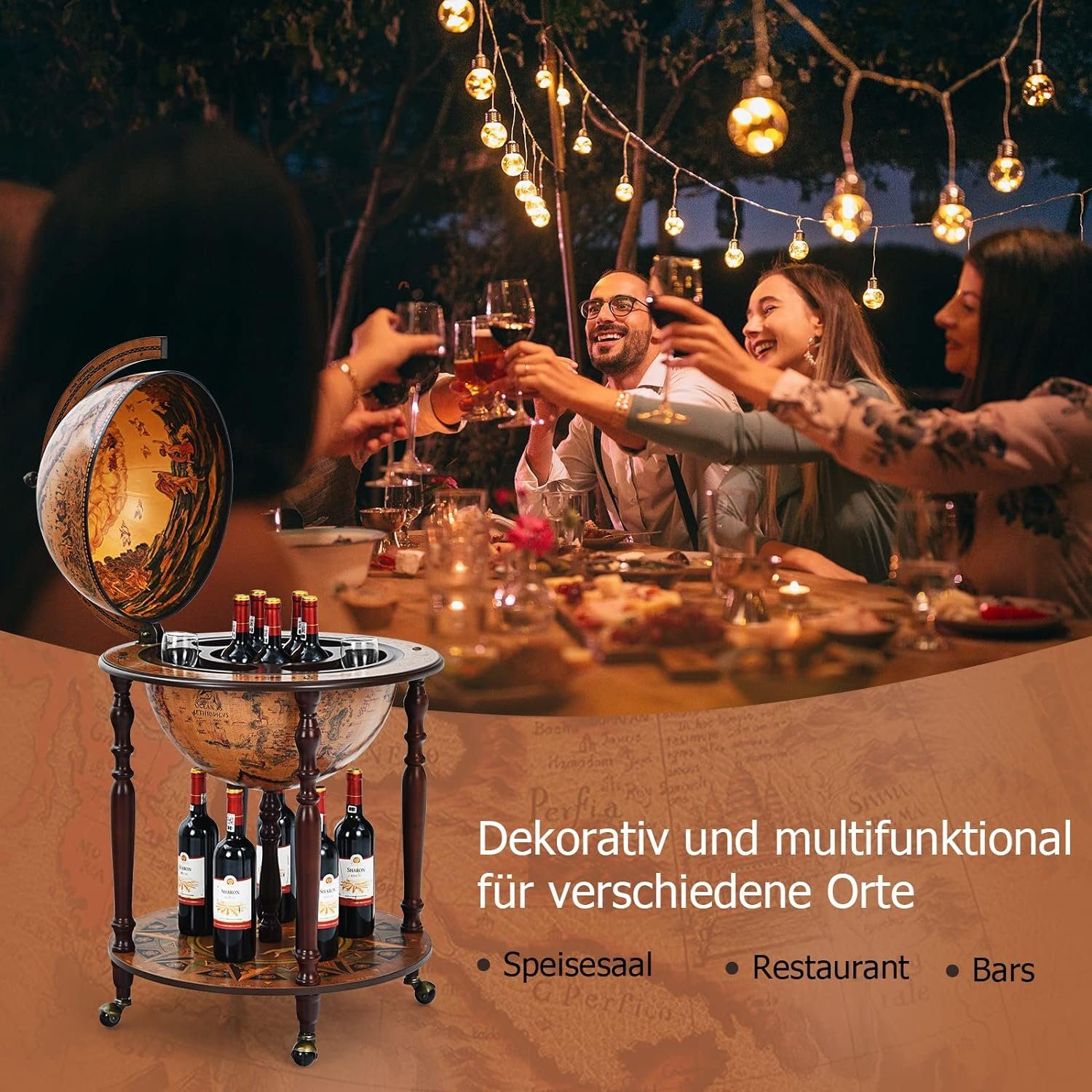 KOMFOTTEU Weinregal Globusbar, mit Rollen, Deckel & Bodenplatte
