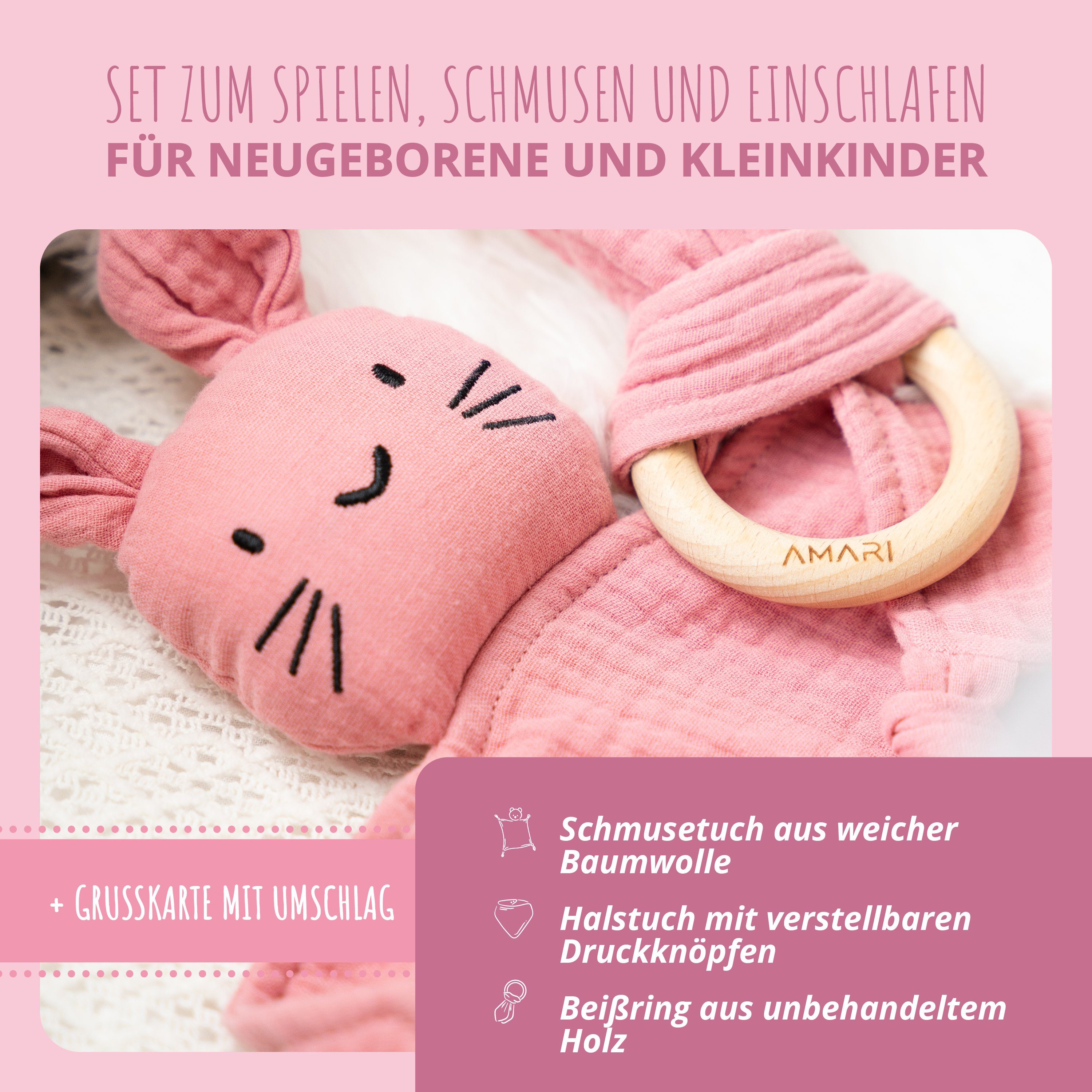Amari Schmusetuch AMARI ® Schmusetuch Hase mit Beißring und Lätzchen