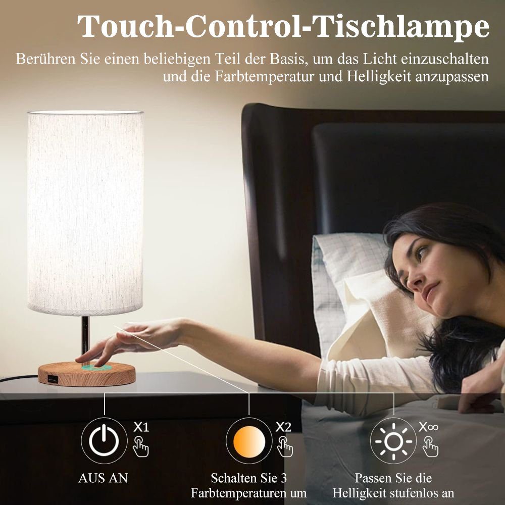 Leinenschirm Stoff, Tischleuchte Touchdimmer mit JOYOLEDER Leuchtmittel, Tischlampe, 3-Stufen /