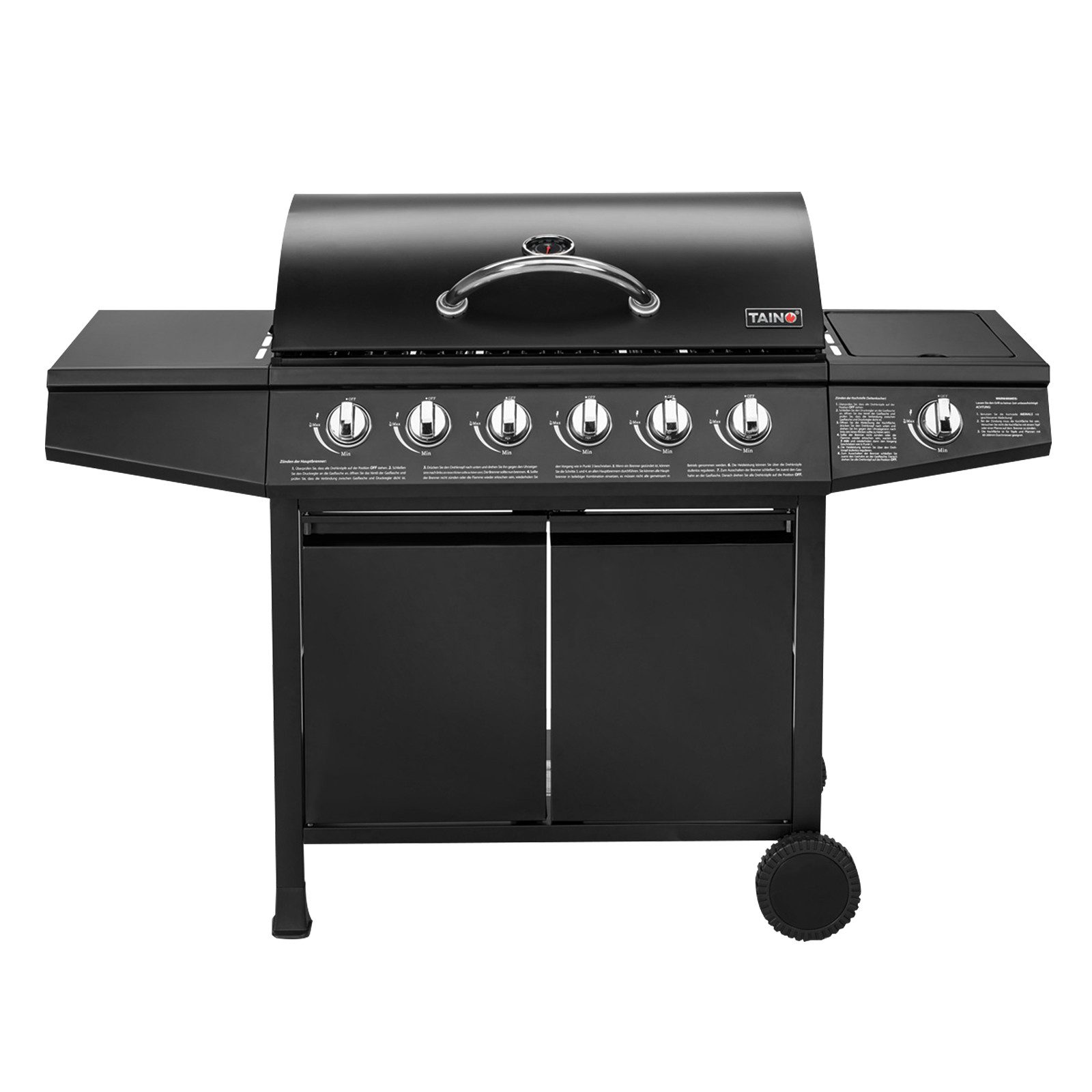 TAINO Gasgrill BASIC 6+1, Gasgrill mit Abdeckhaube, Gasregler und Gasschlauch, 6 Hauptbrenner aus Edelstahl, Seitenbrenner, Piezozündung