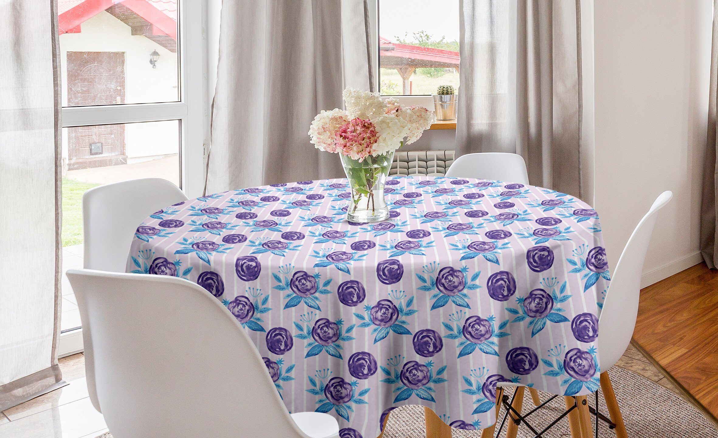 Abakuhaus Tischdecke Kreis Tischdecke Abdeckung für Esszimmer Küche Dekoration, Blumen Abstrakte Rosen auf Streifen