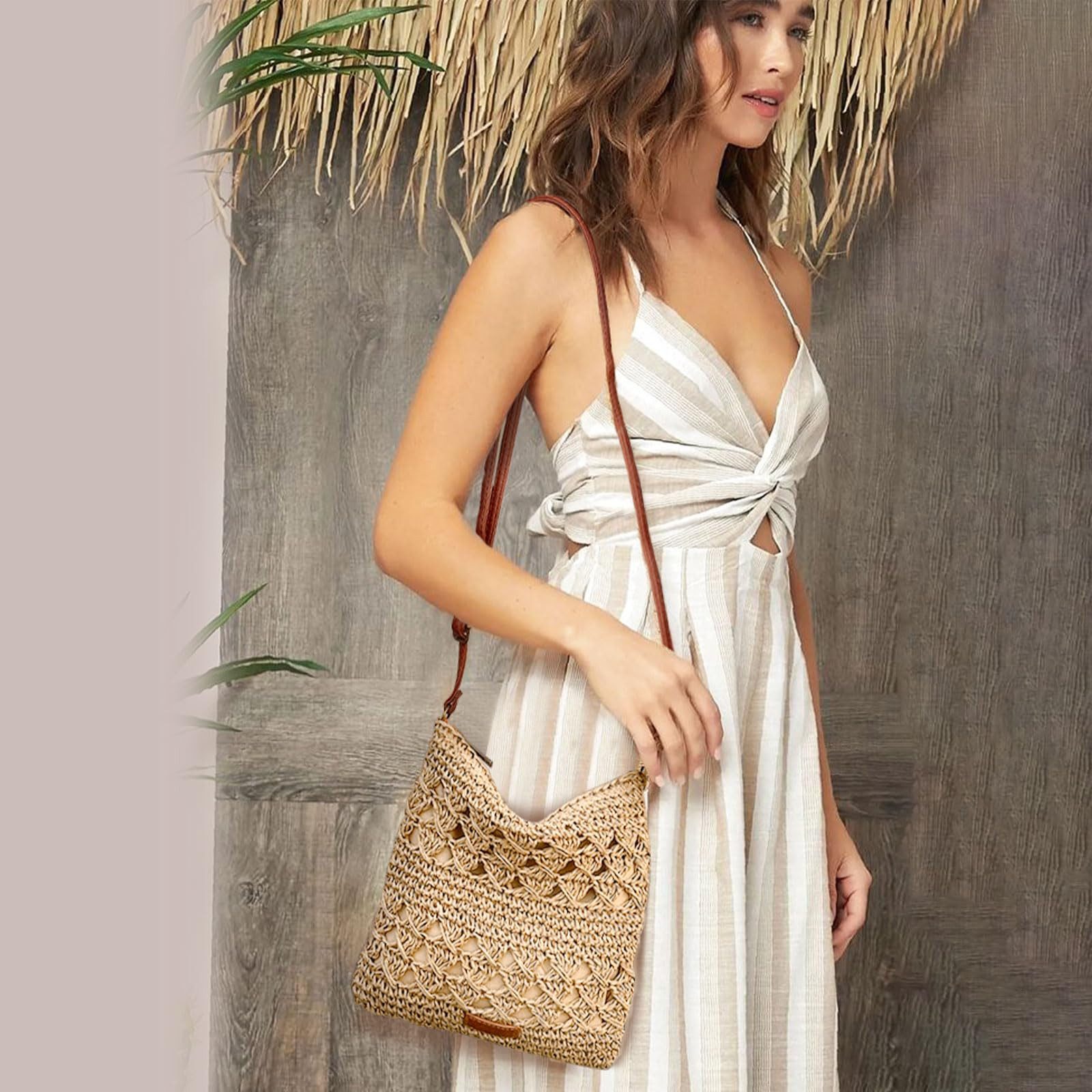Bwecuy Strandtasche Stroh-Umhängetasche für Damen, Sommer-Strandtasche, Boho-Handarbeit, handgefertigte Schultertasche aus Flechtwerk für Urlaub und Reisen