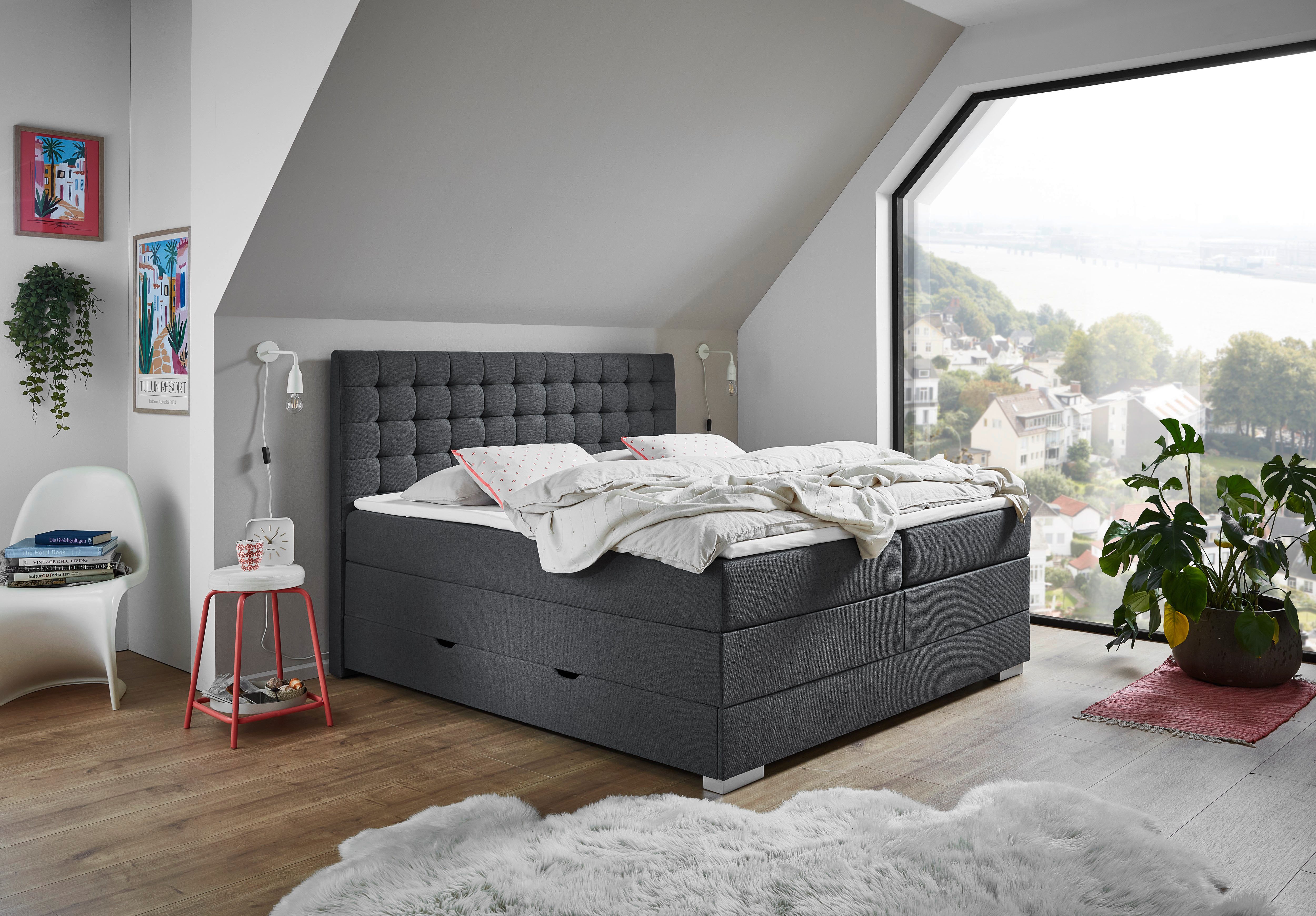 Home affaire Boxbett KEEVA, Polsterbett mit Bettkasten, inkl. Taschenfederkernmatratze H3, mit Kaltschaum-Topper, Strukturstoff-Bezug, Liegefläche 180x200 cm