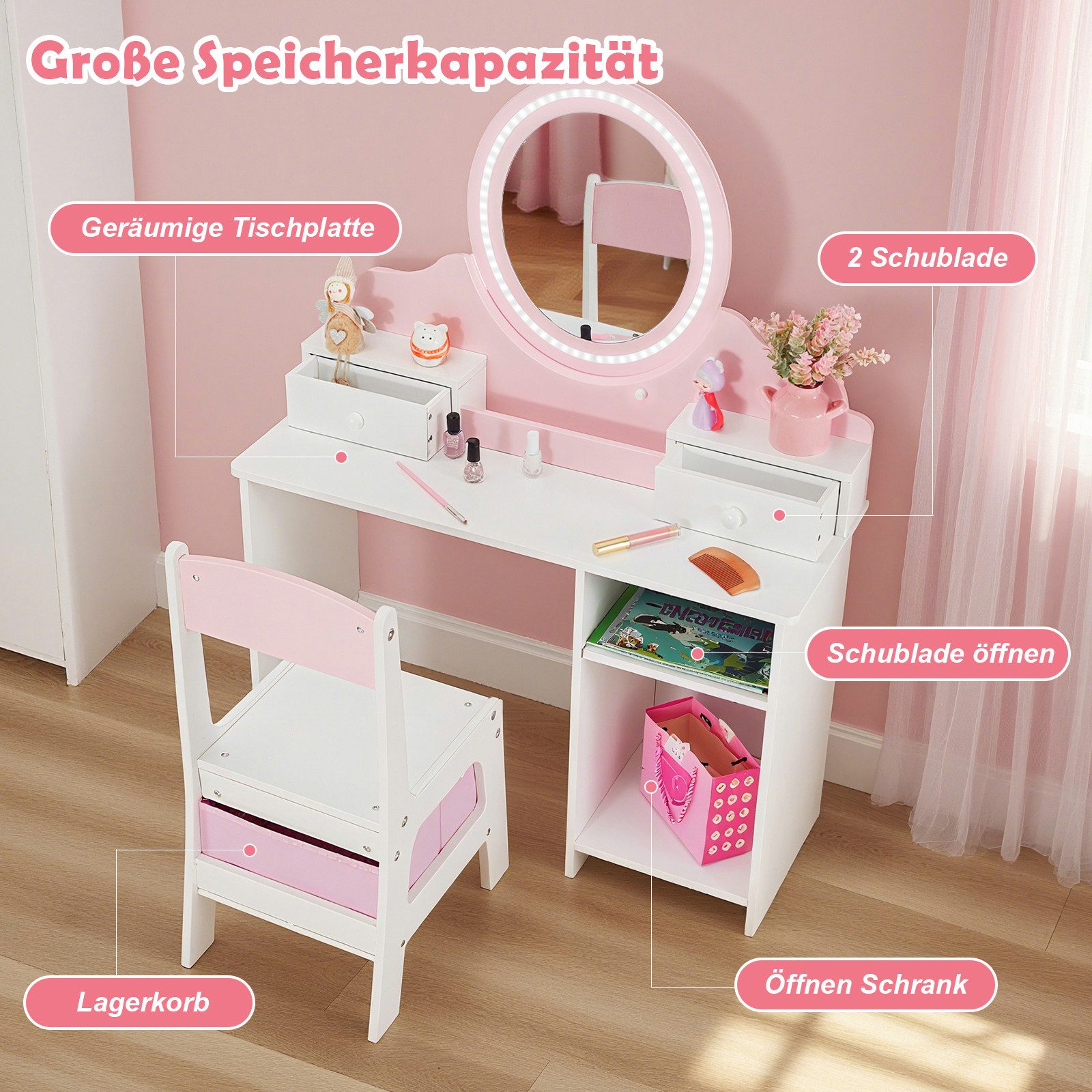 JOYLDIAS Schminktisch 2 in 1 Schminktisch Kinder mit Hocker und LED-Spiegel (1-St), Prinzessin Frisiertisch Schreibtisch mit Schublade, Regal und Körbchen