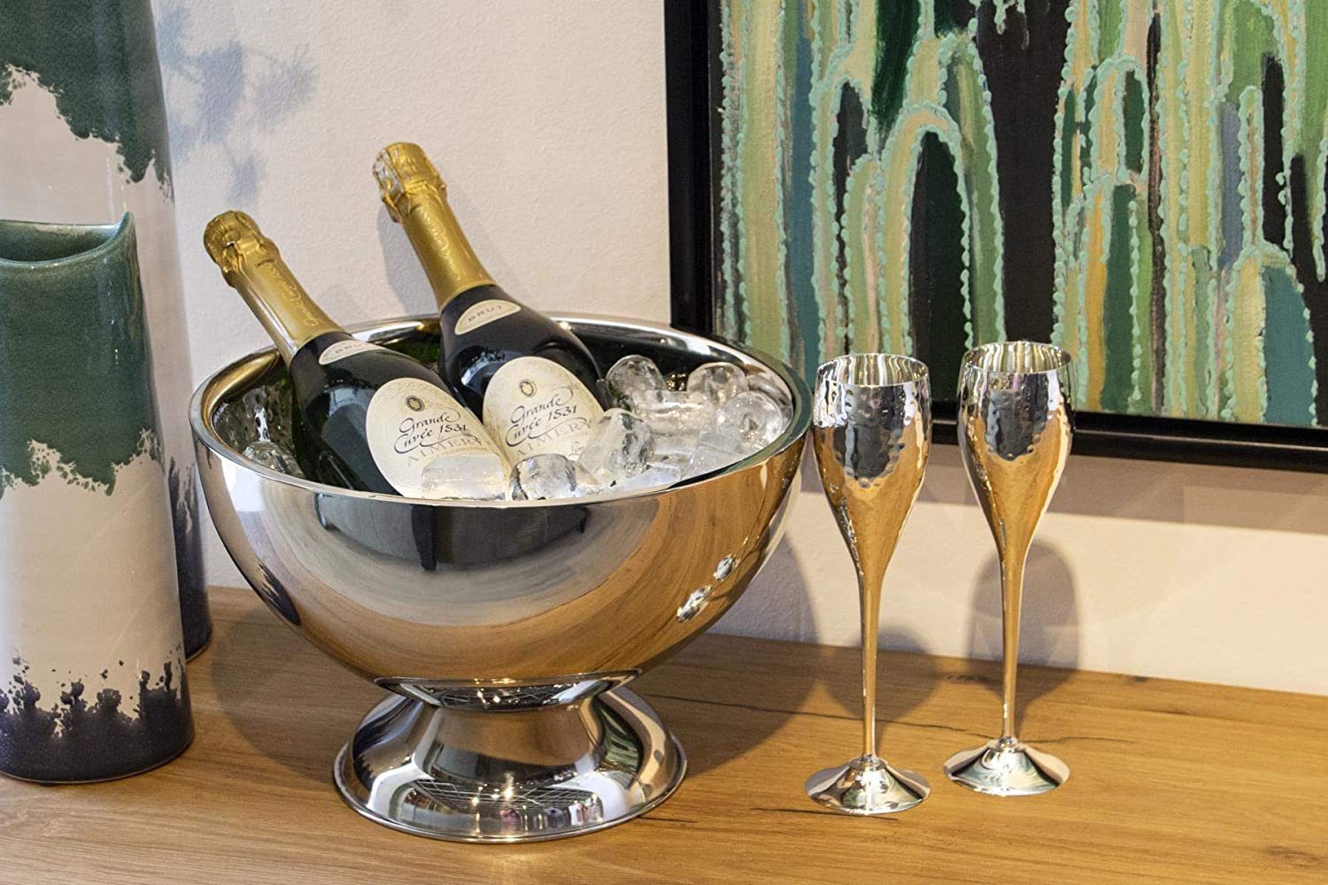 EDZARD Cadiz, Champagnerkühler, doppelwandig, in 32cm gehämmert Flaschenkühler, Weinkühler Sektkühler Silber - Ø