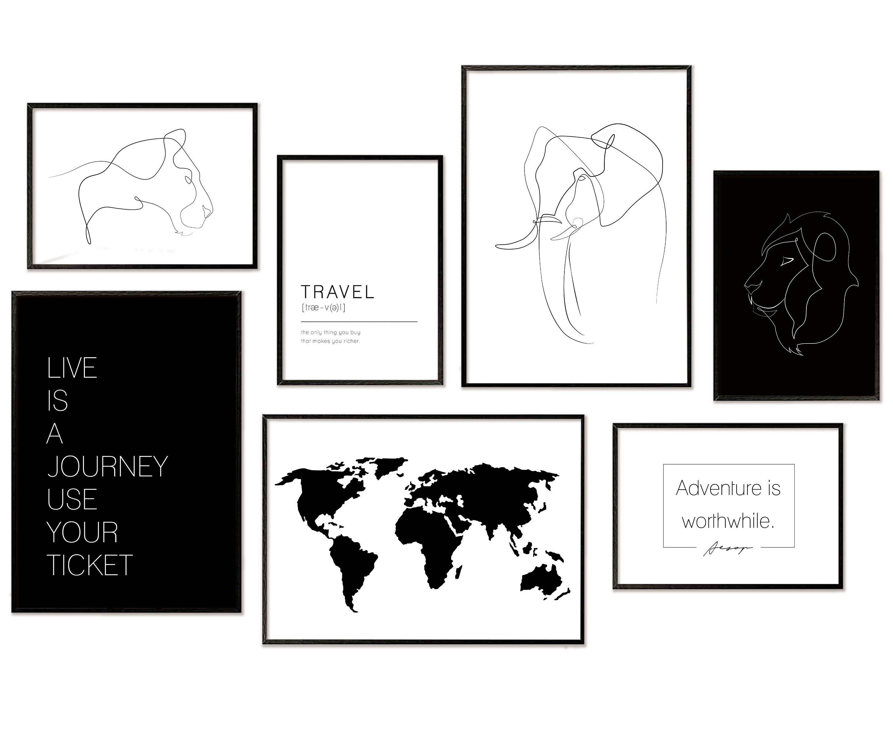 Hyggelig Home Poster Afrika, Premium Poster Set OHNE & MIT Rahmen - Wandbilder schwarz weiß, Tier (Set, 7 St), Collage Line Art, Qualitätsdruck auf dickem Papier
