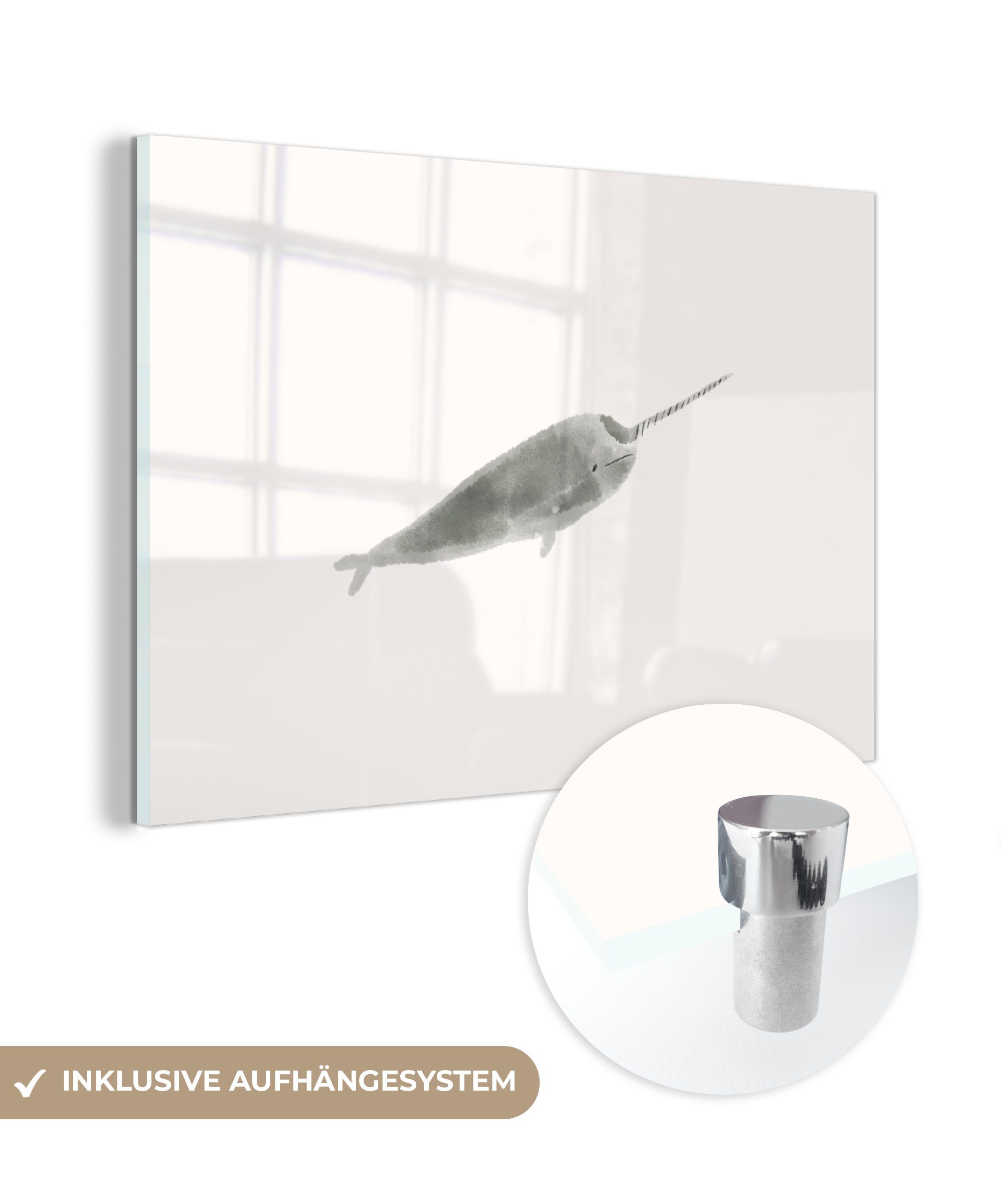 MuchoWow Acrylglasbild Narwal - Tiere - Grau - Aquarell, (1 St), Acrylglasbilder Wohnzimmer & Schlafzimmer