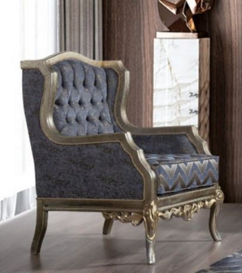 Casa Padrino Sessel Luxus Barock Ohrensessel Blau / Silber / Gold    Handgefertigter Wohnzimmer Sessel im Barockstil   Barock Wohnzimmer Möbel