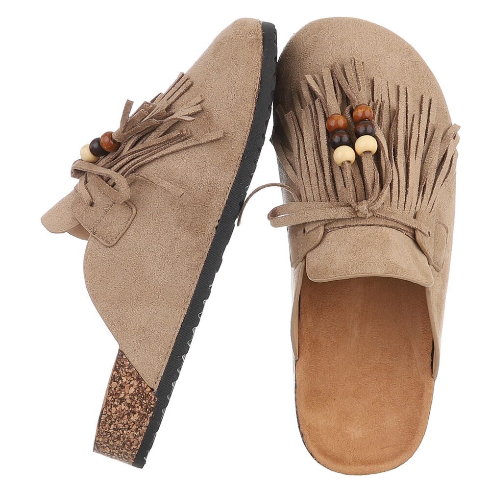 Ital-Design Damen Clog mit Fransen und Perlen, Schlupfschuh Pantolette (91742352) Flach Pantoletten in Hellbraun
