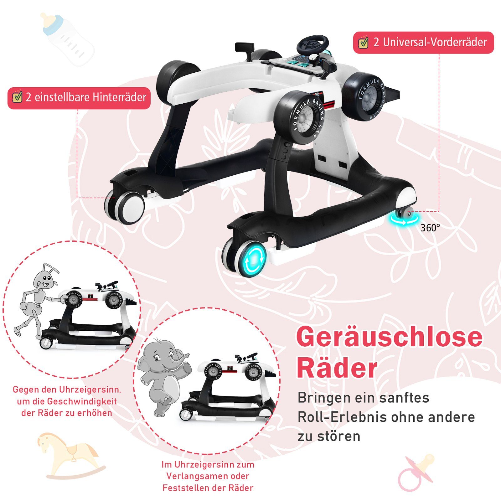 COSTWAY Lauflernhilfe 4 in 1 klappbar weiß & Lauflernwagen, höhenverstellbar