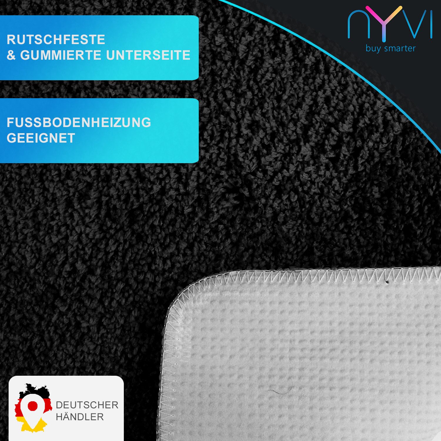 NYVI Badematte Badematten Set 2 teilig NYVISpa Lasalle Schwarz Badezimmerteppich Set, Höhe 20 mm, Polyester, Badematte 50x80cm + WC Vorleger ohne Ausschnitt, Rutschfest & Waschbar