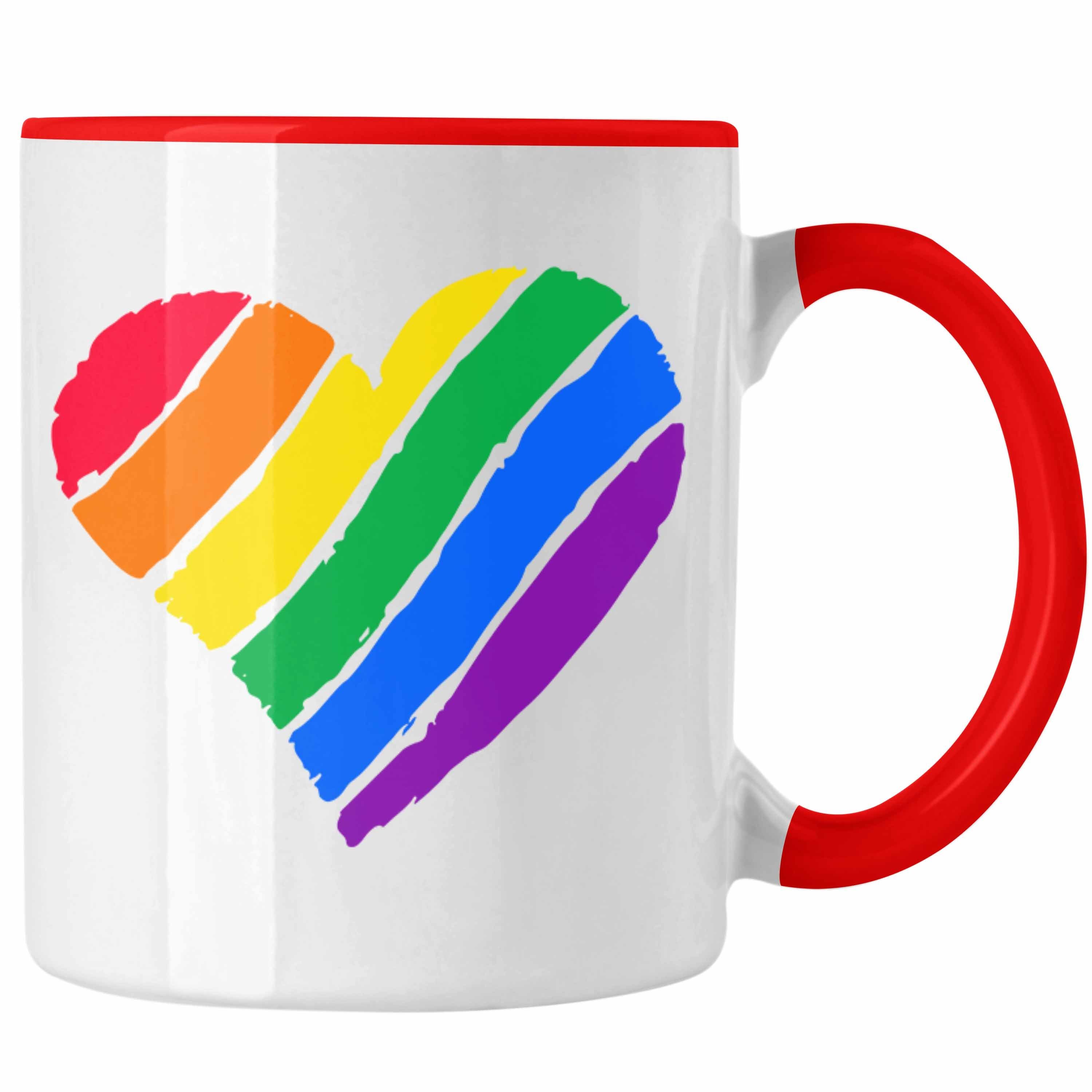 Trendation Tasse Trendation - Regenbogen Tasse Geschenk LGBT Schwule Lesben Transgender Grafik Pride Herz Rot
