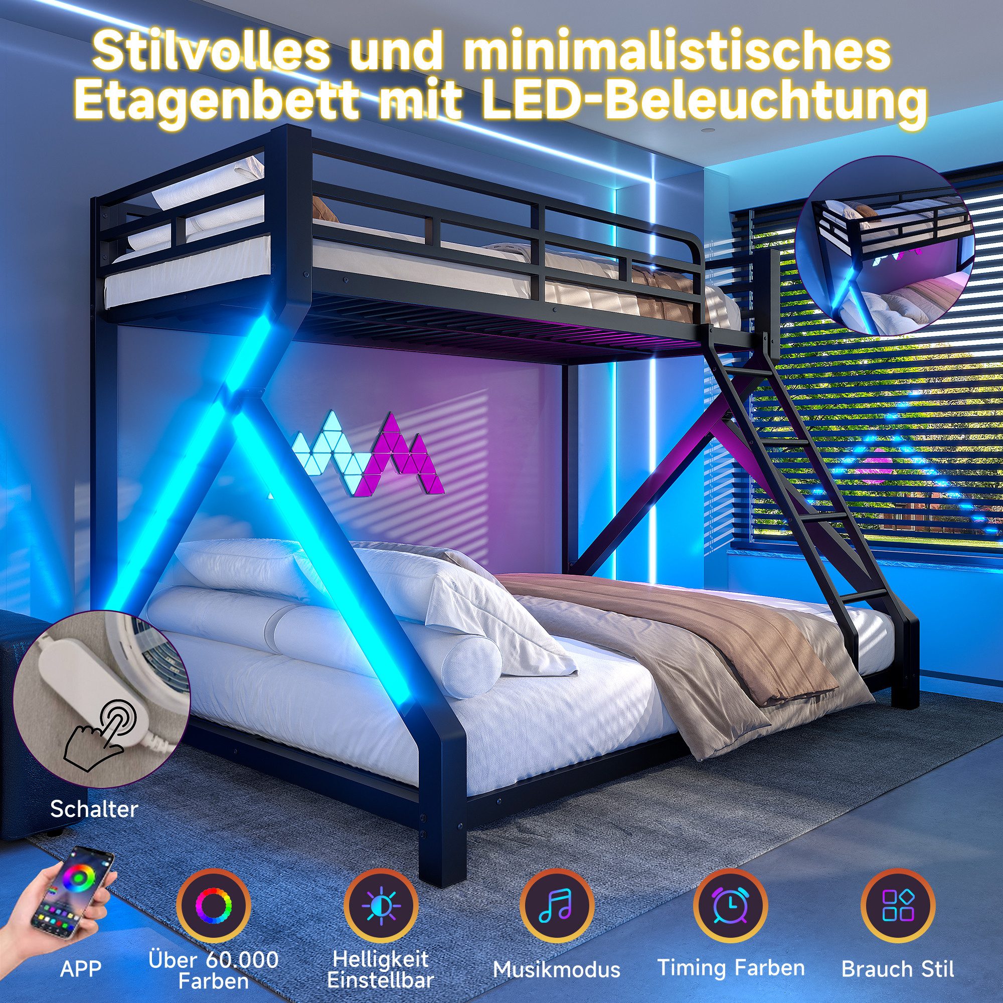 Merax Etagenbett 90x200cm/140x200cm mit LED-Lichtleiste (Set, 1-St., Jugendbett Doppelbett), Metallbett Stockbett Kinderbett mit Sicherheitsgeländer und Leiter – Bild 4 von 5