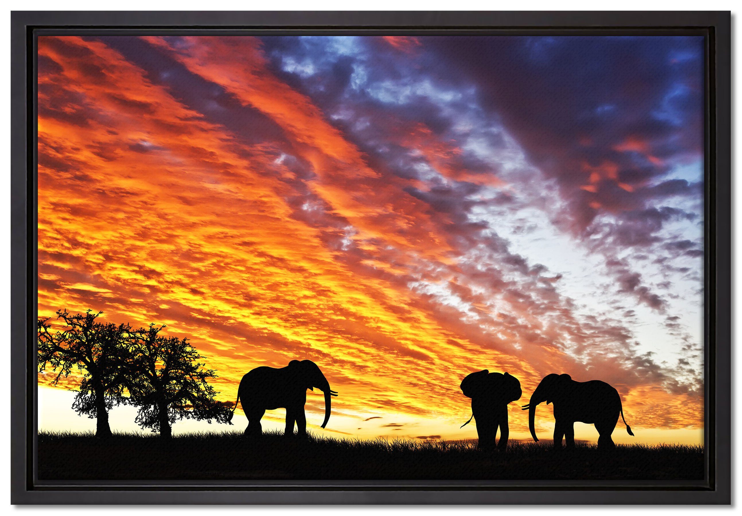 Pixxprint Leinwandbild Elefanten in Wüste, Wanddekoration (1 St), Leinwandbild fertig bespannt, in einem Schattenfugen-Bilderrahmen gefasst, inkl. Zackenaufhänger