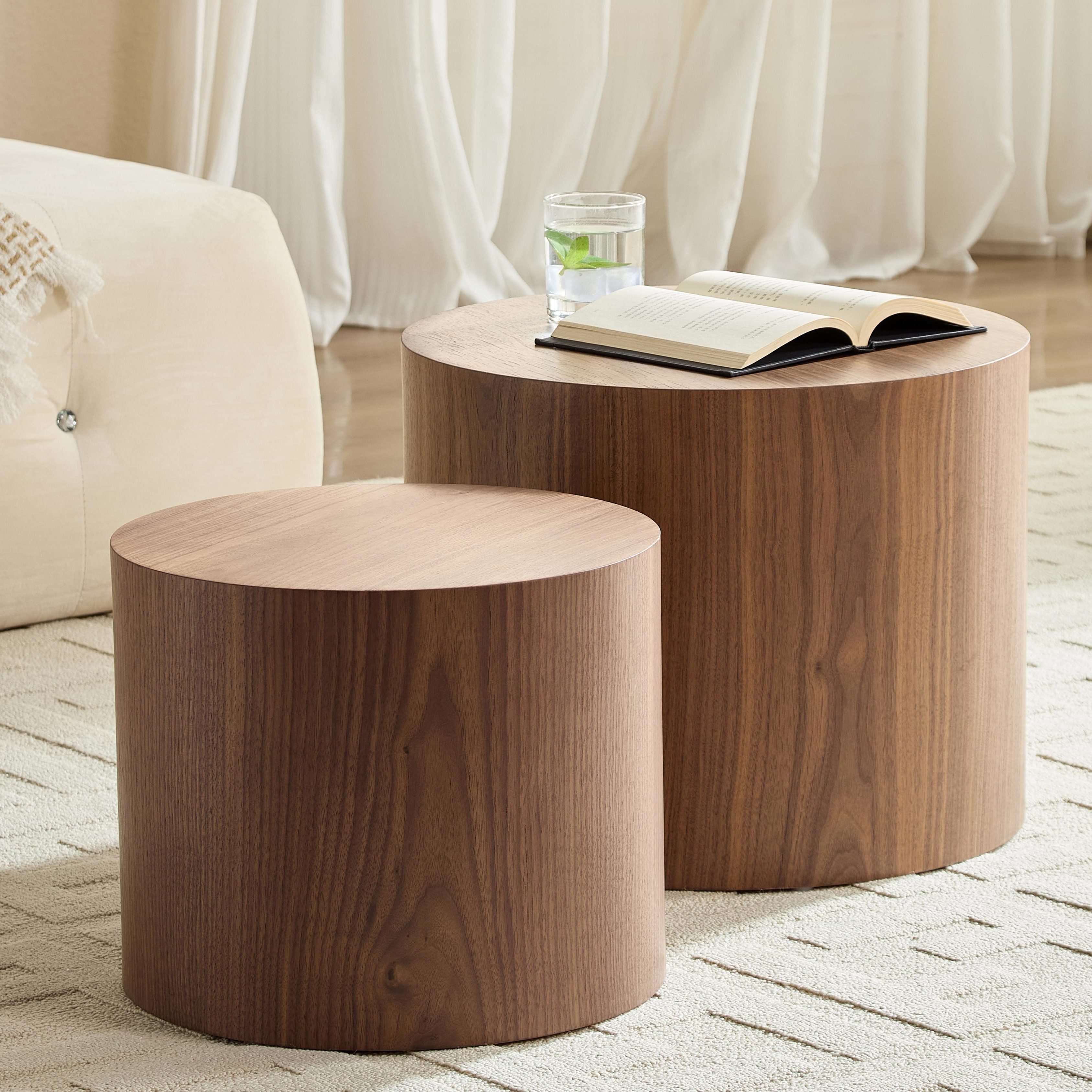 NJLyuhome Couchtisch Wohnzimmertisch, 2-teiliges Beistelltisch-Set Holzoptik aus MDF (2-St), rund & platzsparend – Durchmesser 38 cm/32 cm, Höhe 48 cm/38 cm