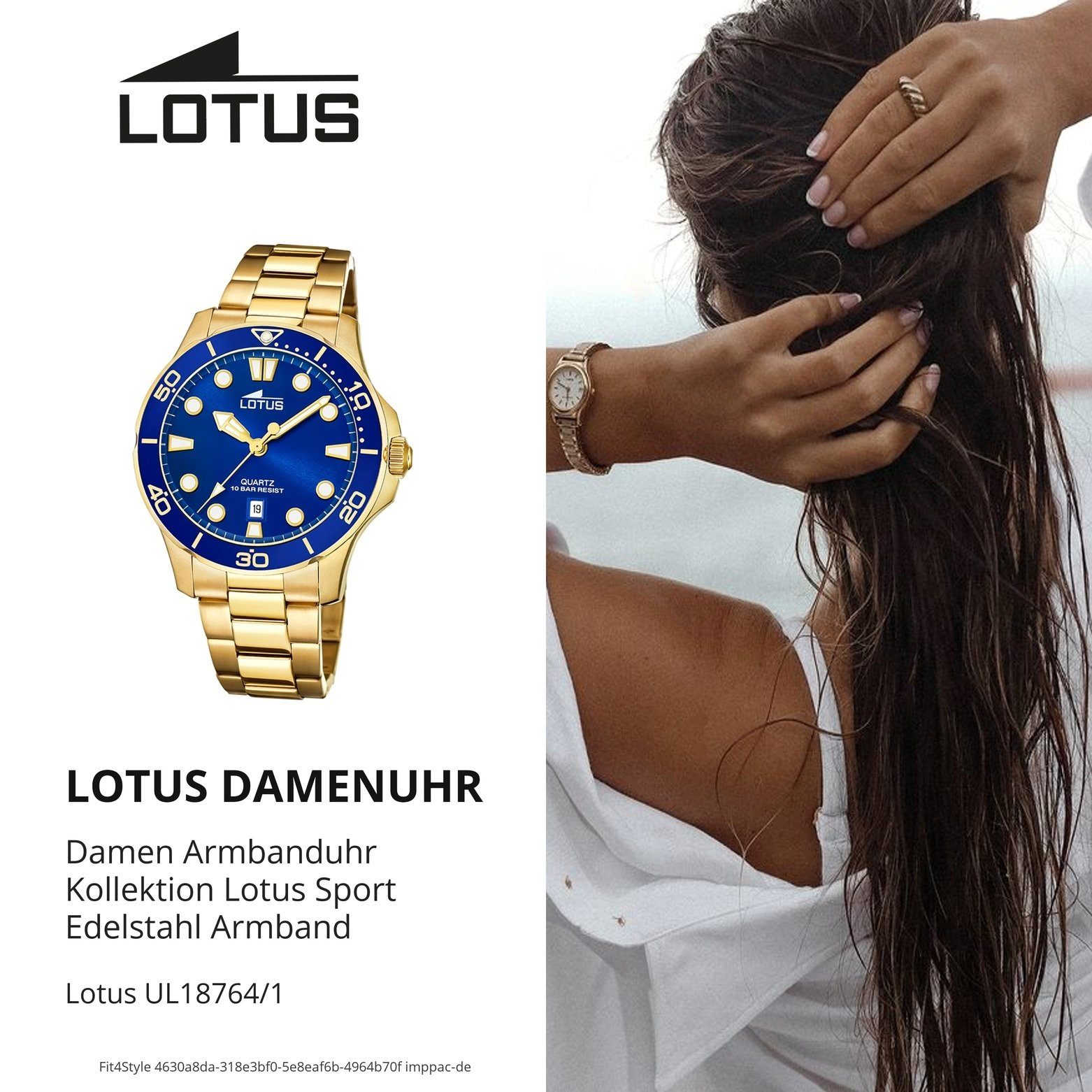 Lotus Quarzuhr Lotus Damen Damenuhr Sport mittel 39mm) Armbanduhr (ca. Edelstahlarmband gold rund, 18764/1