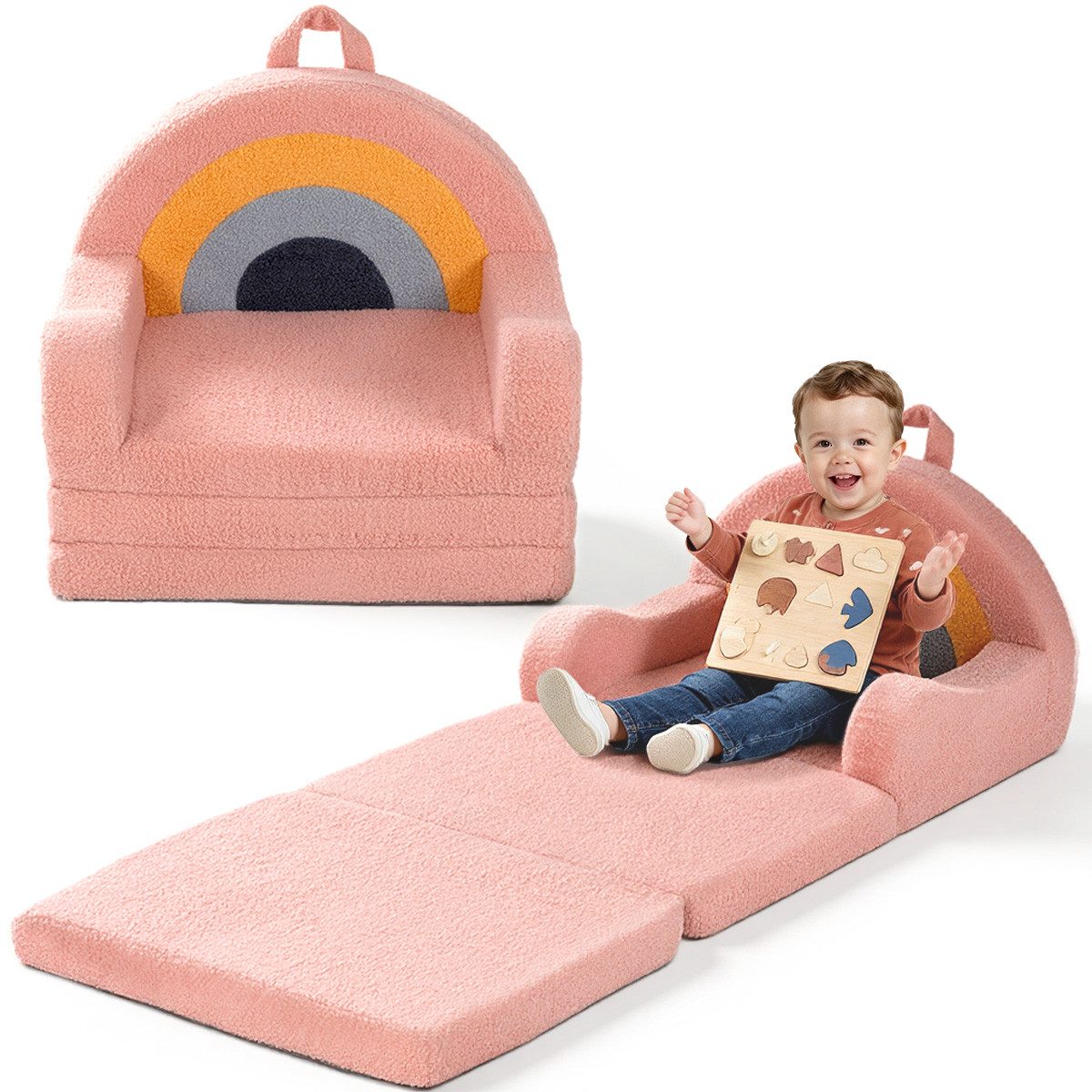 Insma Kindersofa 2-in-1 Kinder Schlafsofa Spielsofa Sofabett Klappbar, Kindersessel Spielcouch mit Regenbogen-Design, 120×50×41cm, Maximale Tragfähigkeit 45 kg