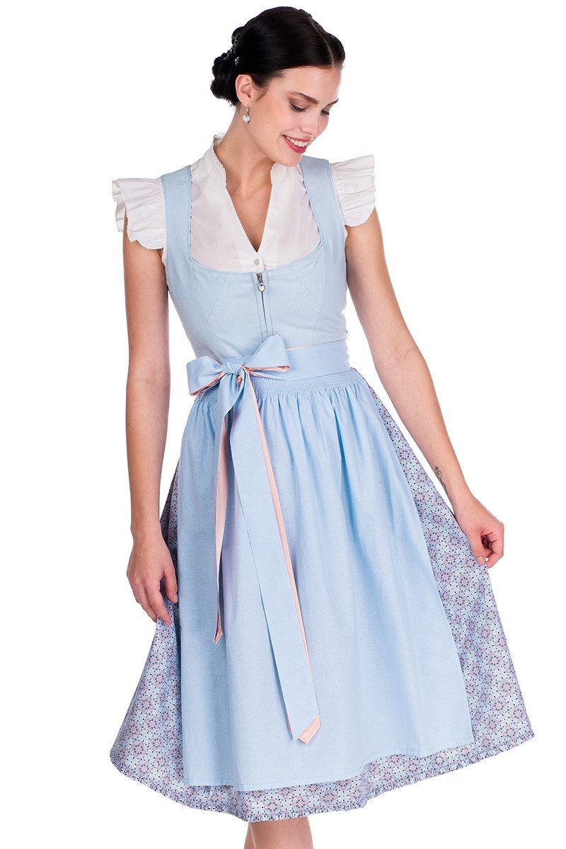 Dirndl Trachtenkleid 2-teilig - Midi Mit Schürze In Fernblau Geblümt