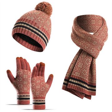 Dekorative Mütze & Schal Warmer Winteranzug Mütze & Schal & Handschuhe Set (3-tlg) 3 in 1 Schal Warme Beanie Mütze und Touchscreen Handschuhe Set