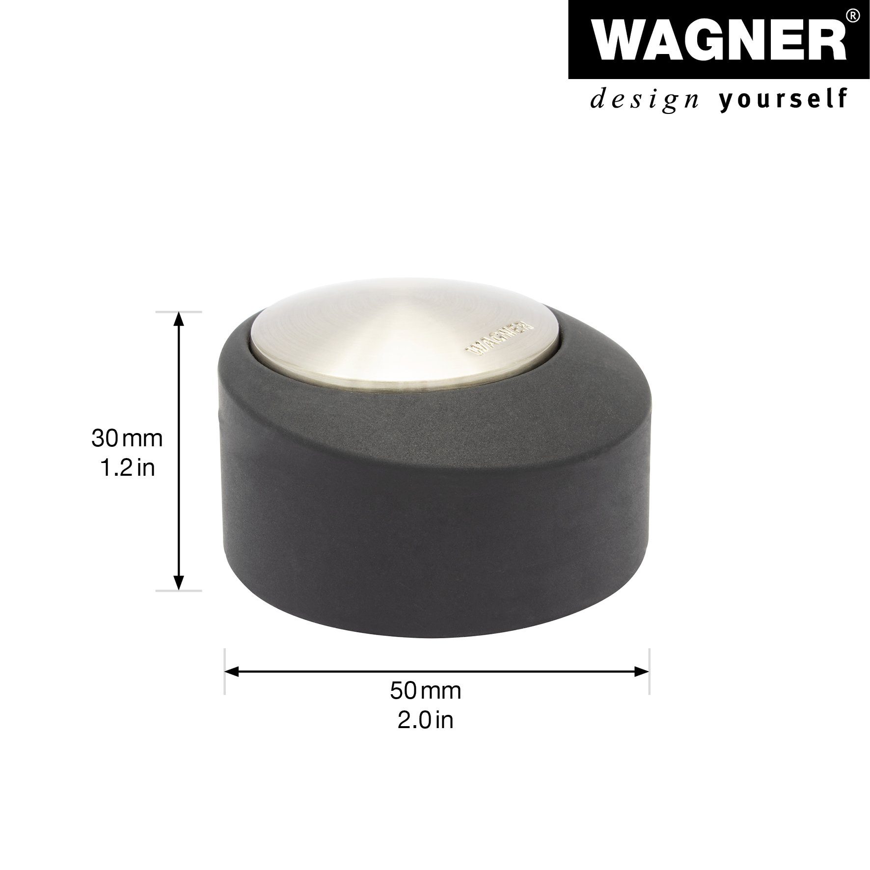 WAGNER design yourself Bodentürstopper SCREW OR GLUE / Schrauben oder Kleben - Durchmesser Ø 50 x 30 mm, Metall gebürstet, Edelstahloptik, thermoplastischer Kautschuk, Designpreis