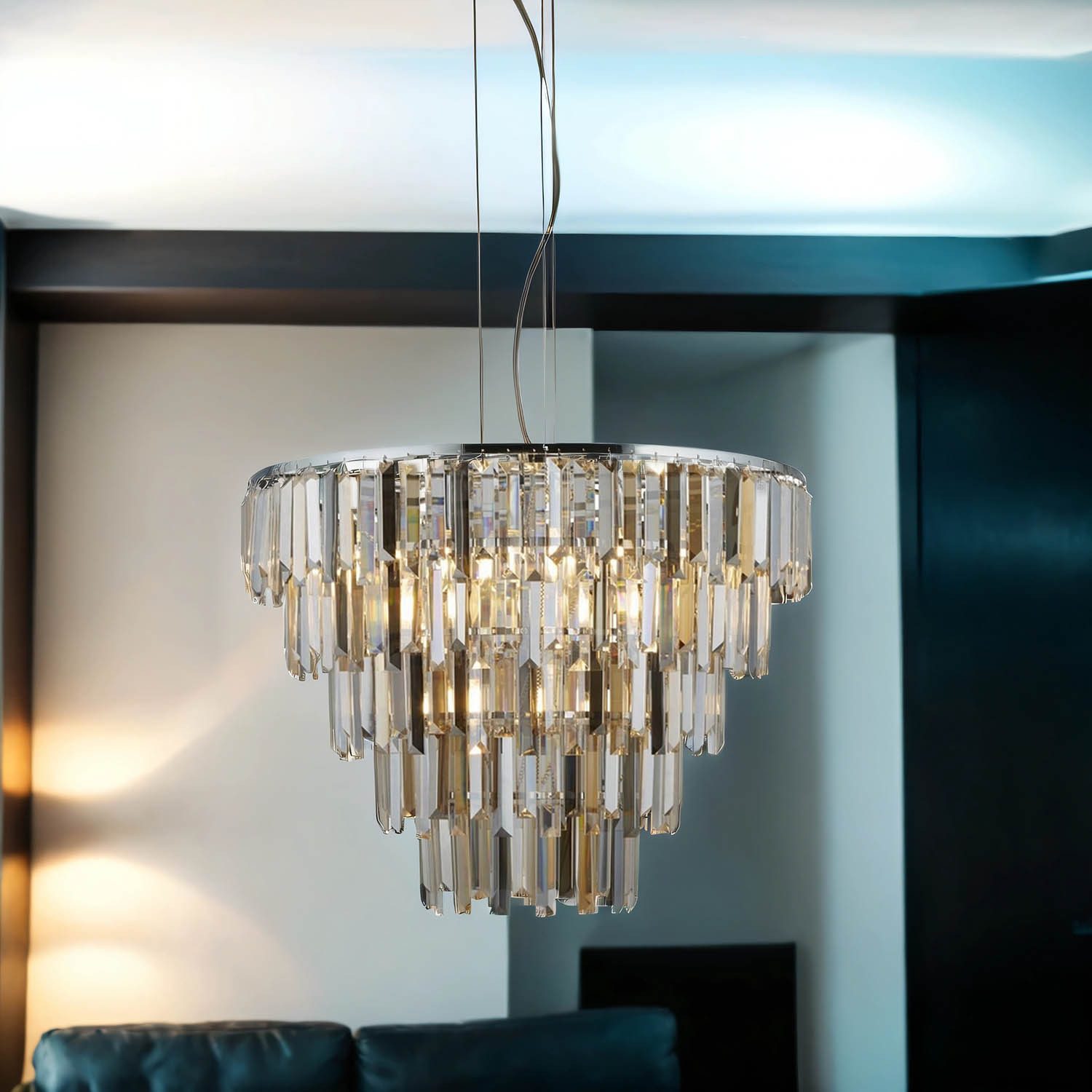 Licht-Erlebnisse Kronleuchter WALKER, ohne Leuchtmittel, 9-flammig E14 D: 65 cm Chrom Rauchgrau Bernstein Klar/Transparent