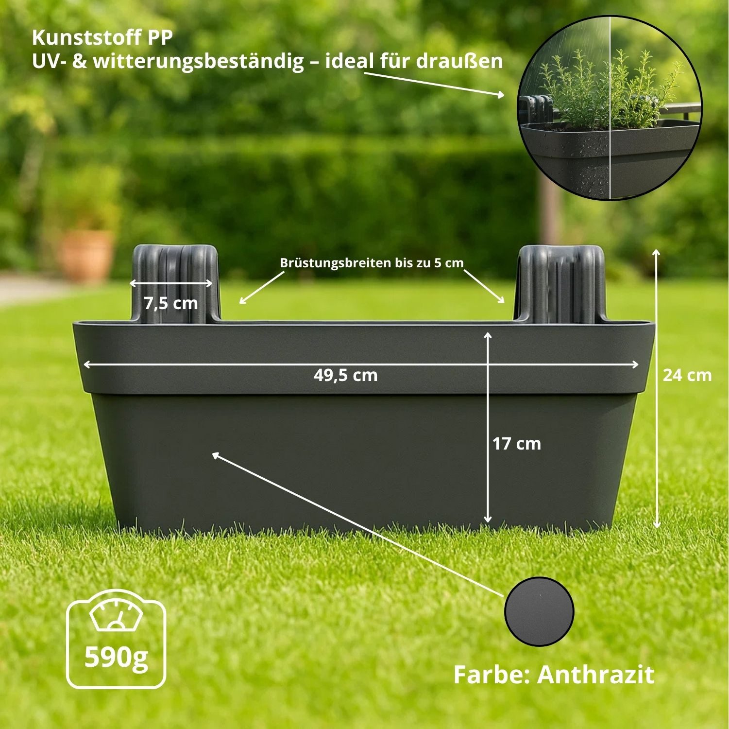 BigDean Balkonkasten Balkongeländer 50cm Blumenkästen mit Wasserspeicher Balkonkasten (Set, 1 St., Balkongeländerkasten), Klassisches Design, Balkonhalterung bis 5cm