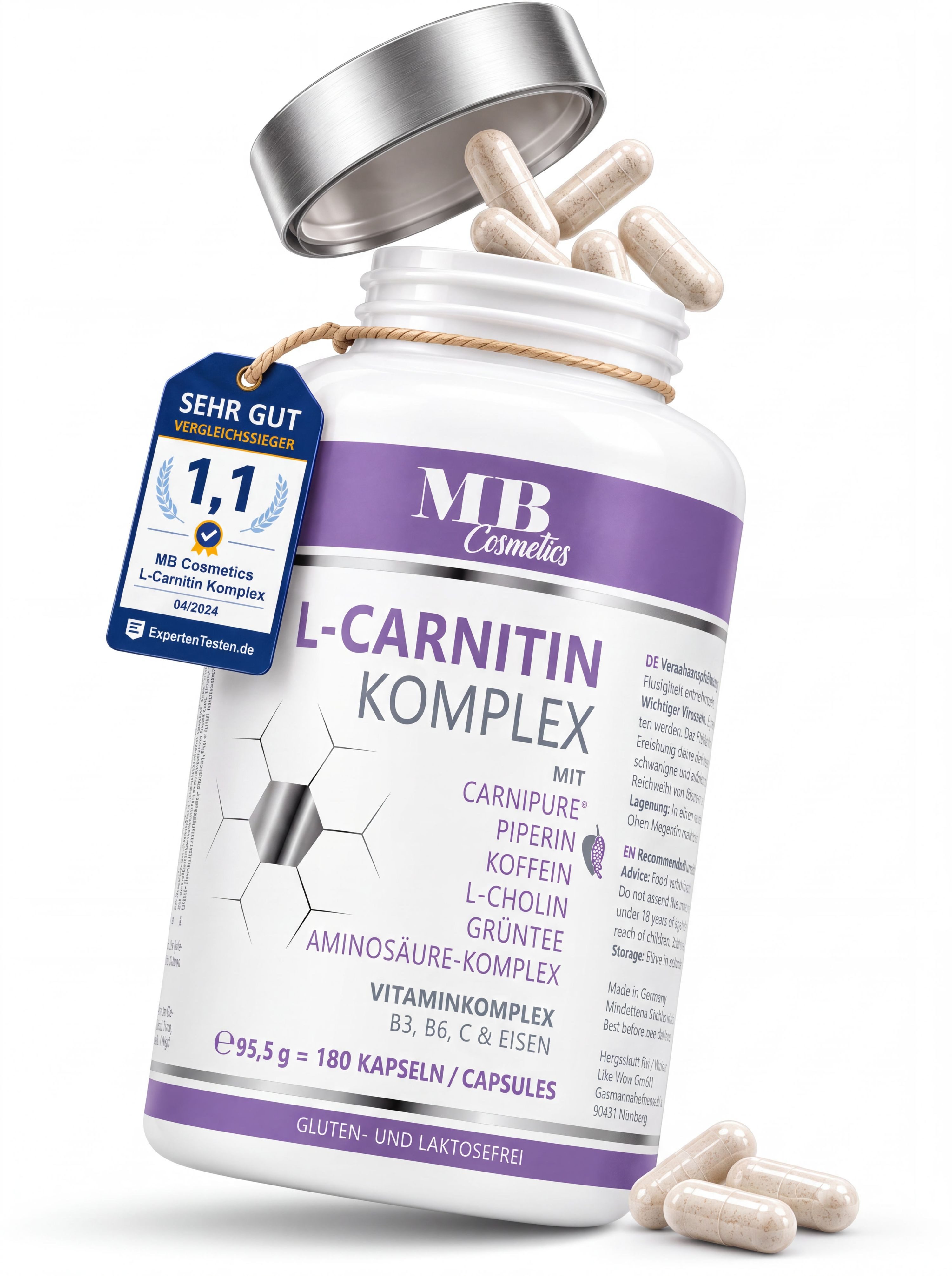 Medical Beauty Cosmetics L-Carnitin Carnipure Komplex mit Cholin, Koffein, Grüntee, 180 Kapseln, 1 er Packung à 95.5 g, Hochdosiert, vegan, glutenfrei, laborgeprüft, 3-Monats-Vorrat