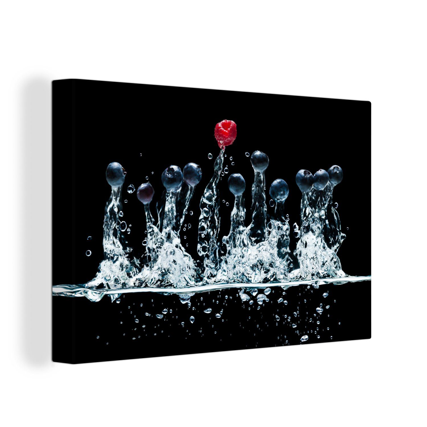 OneMillionCanvasses® Leinwandbild Beeren - Wasser - Schwarz - Obst - Himbeere, (1 St), Wandbild Leinwandbilder, Aufhängefertig, Wanddeko, 30x20 cm