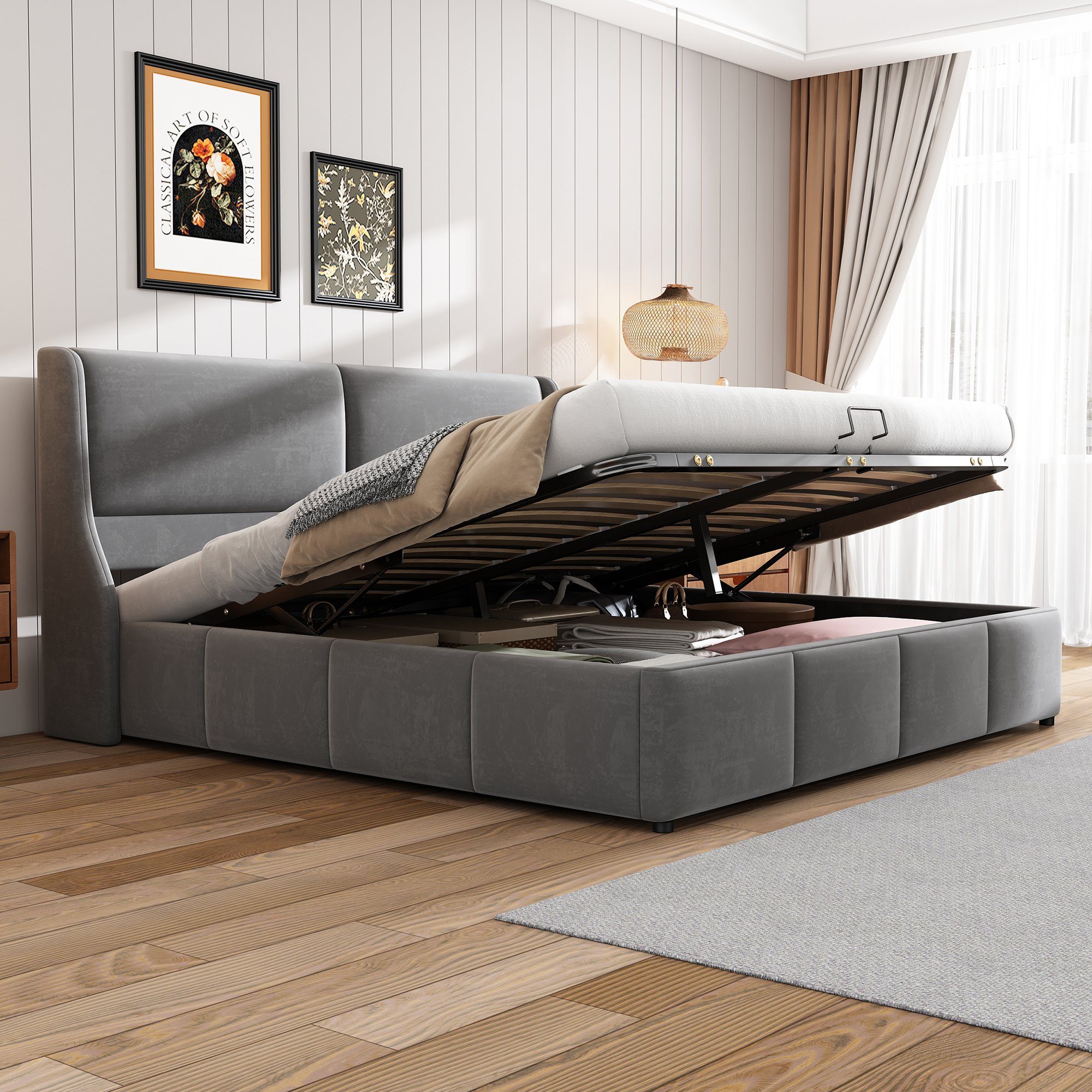 Boxspringbett (Polsterbett mit Lattenrost und Bettkasten), Doppelbett hydraulisches Funktionsbett, 180x 200 cm Bett, Samt