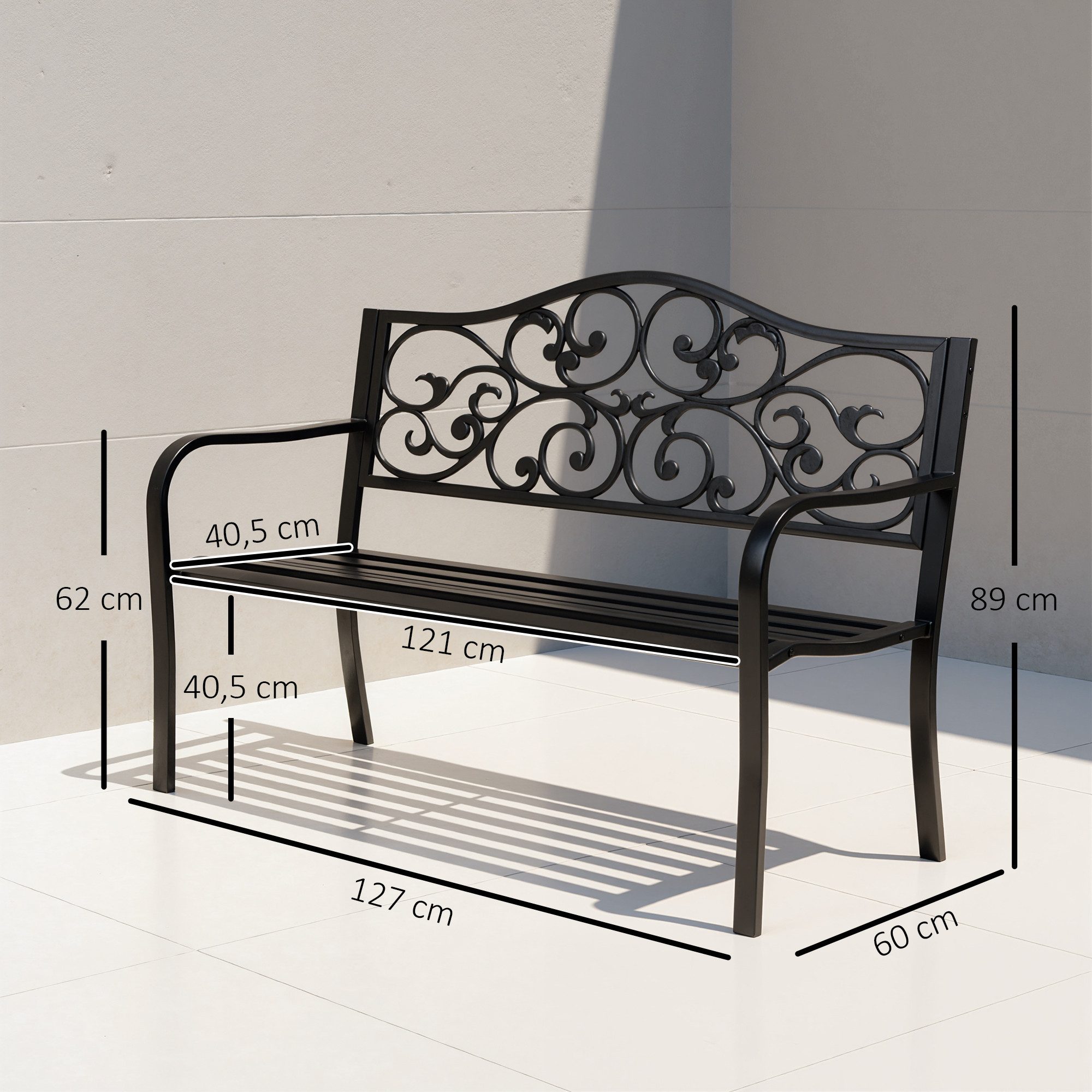 Outsunny Gartenbank 3-Sitzer Sitzbank mit Armlehnen Gusseisen (Bank, 1-St., Stahlbank), Schwarz 127 x 60 x 89 cm
