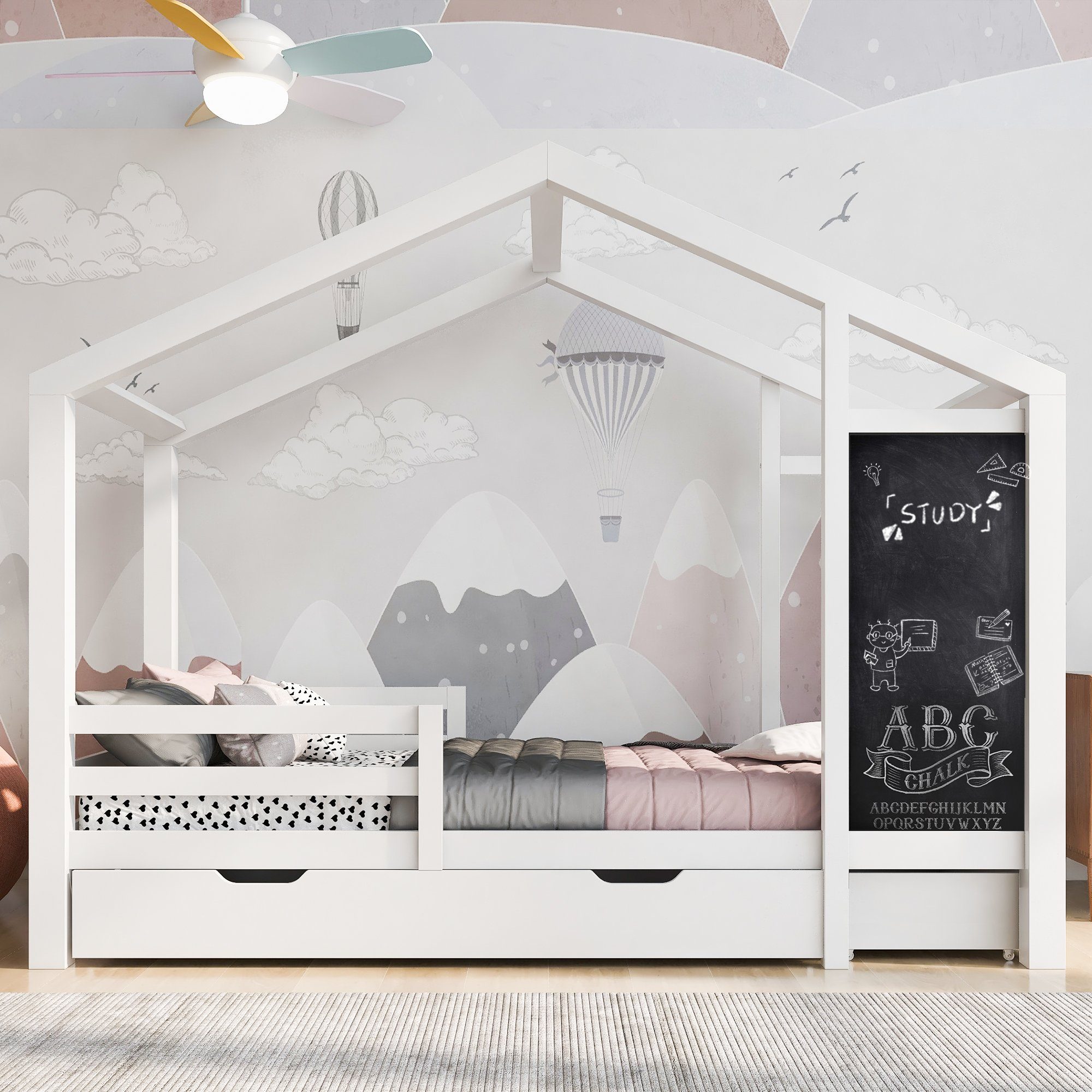 SOFTWEARY Kinderbett Hausbett mit Lattenrost und 2 Schubladen, 90x200 cm, Kiefer, Einzelbett inkl. Rausfallschutz