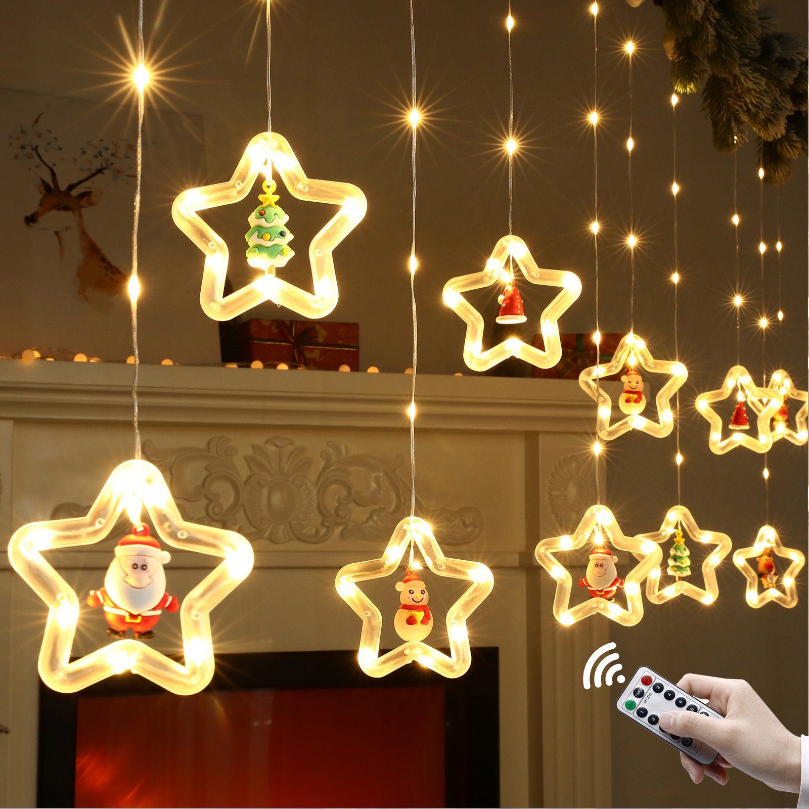 Rosnek Weihnachtsbaum LED-Lichtervorhang für Deko, Fenster Rentier Weihnachtsornamente, Schlafzimmer Weihnachtsmann 3M,