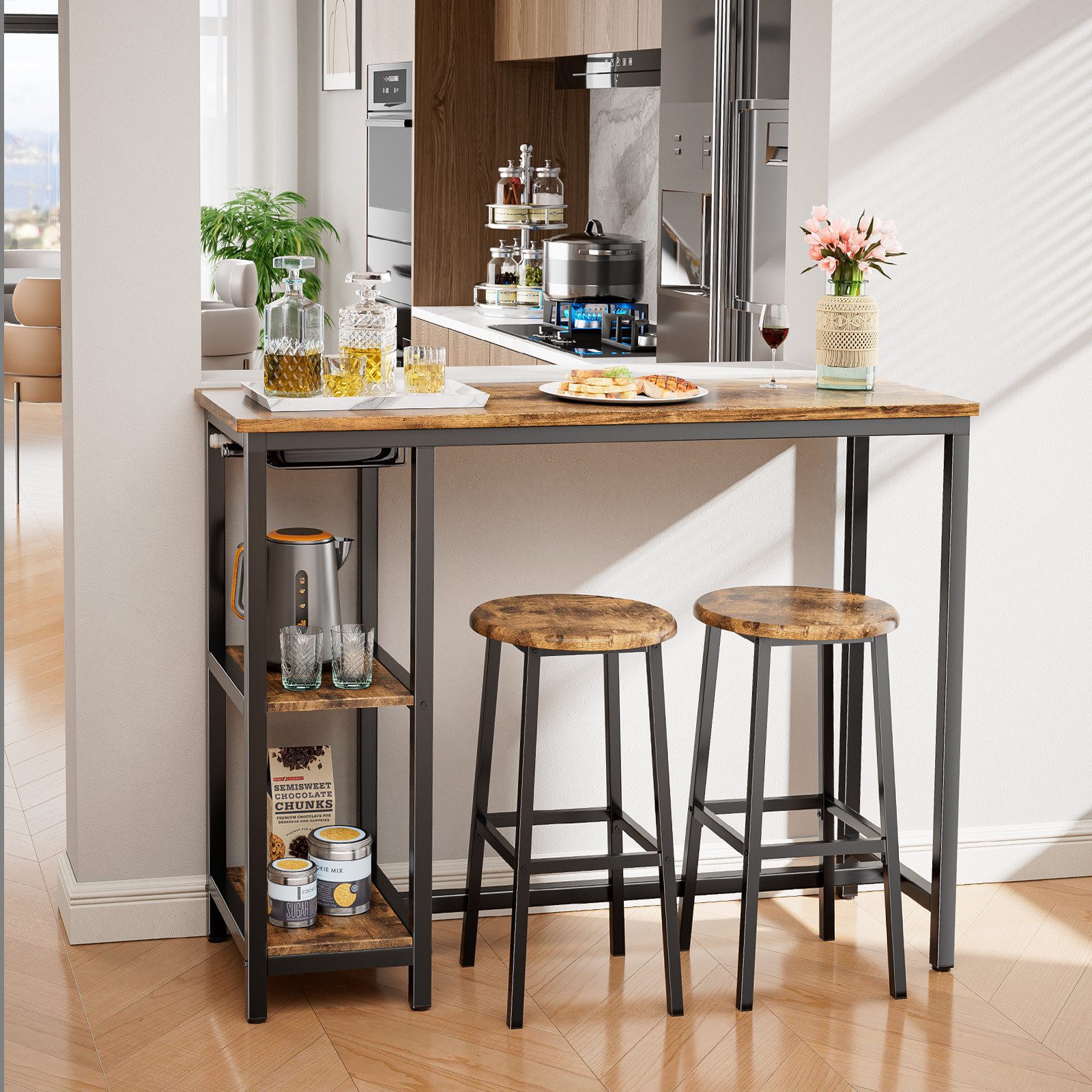 Bealife Bartisch Set, 3-tlg,Stehtisch mit 2 Barhockern,Küchentisch-Set mit Ablage Regal