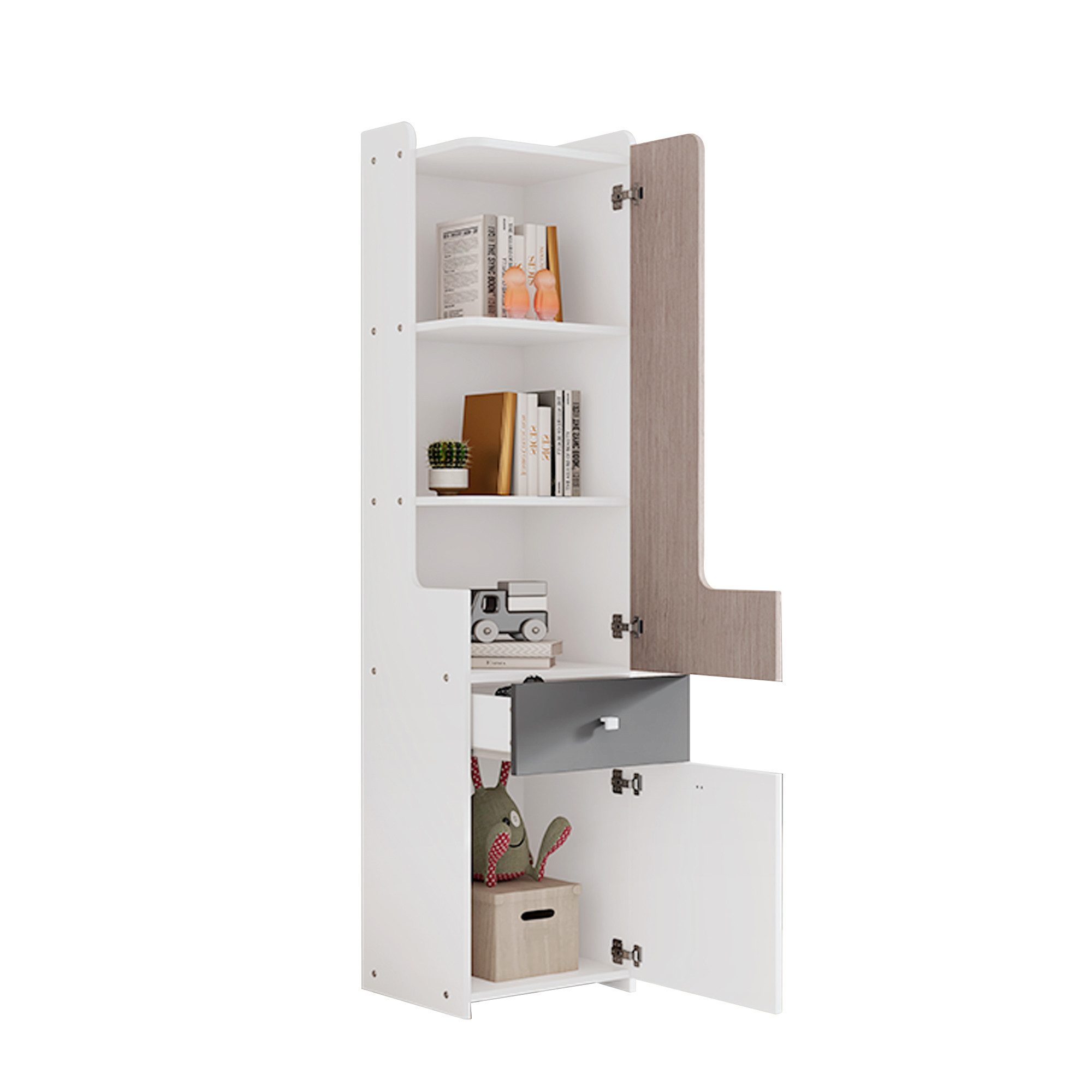 Rutaqian Bücherregal Hohes Bücherregal, Teenager-Regal mit L-förmigen Tür, mit Schublade, mit quadratische Metallknöpfe, Weiß + helle Ulmefarbe + Grau