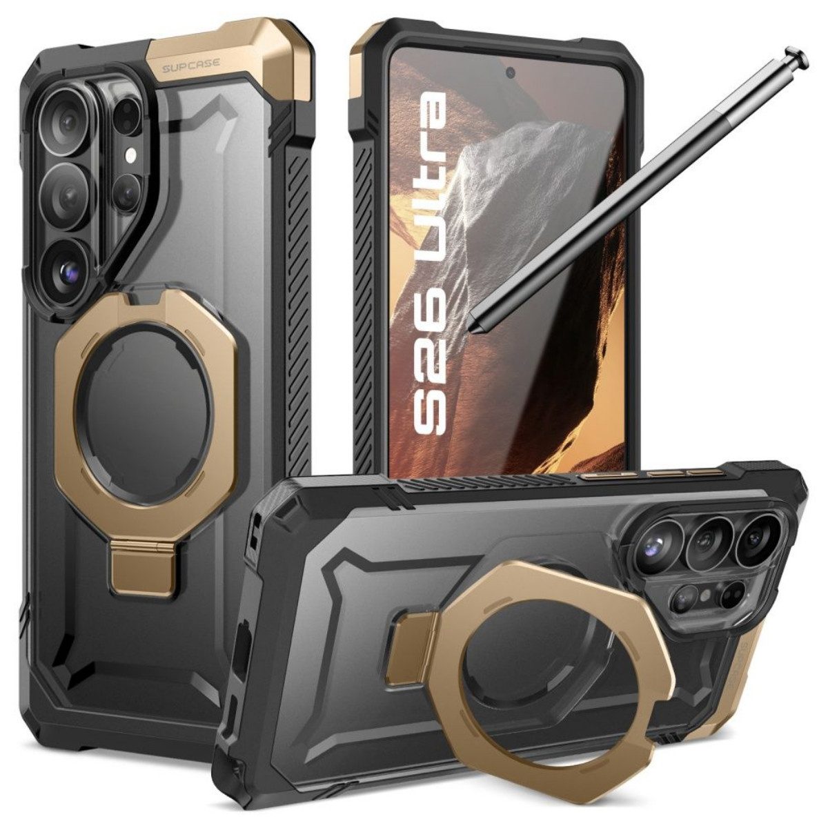 Supcase Handyhülle UB Grip Mag Magnetring-Case für Samsung Galaxy S26 Ultra Schwarz Braun 6,9 Zoll, Staubschutzkappen schützen die Anschlüsse im Alltag zusätzlich