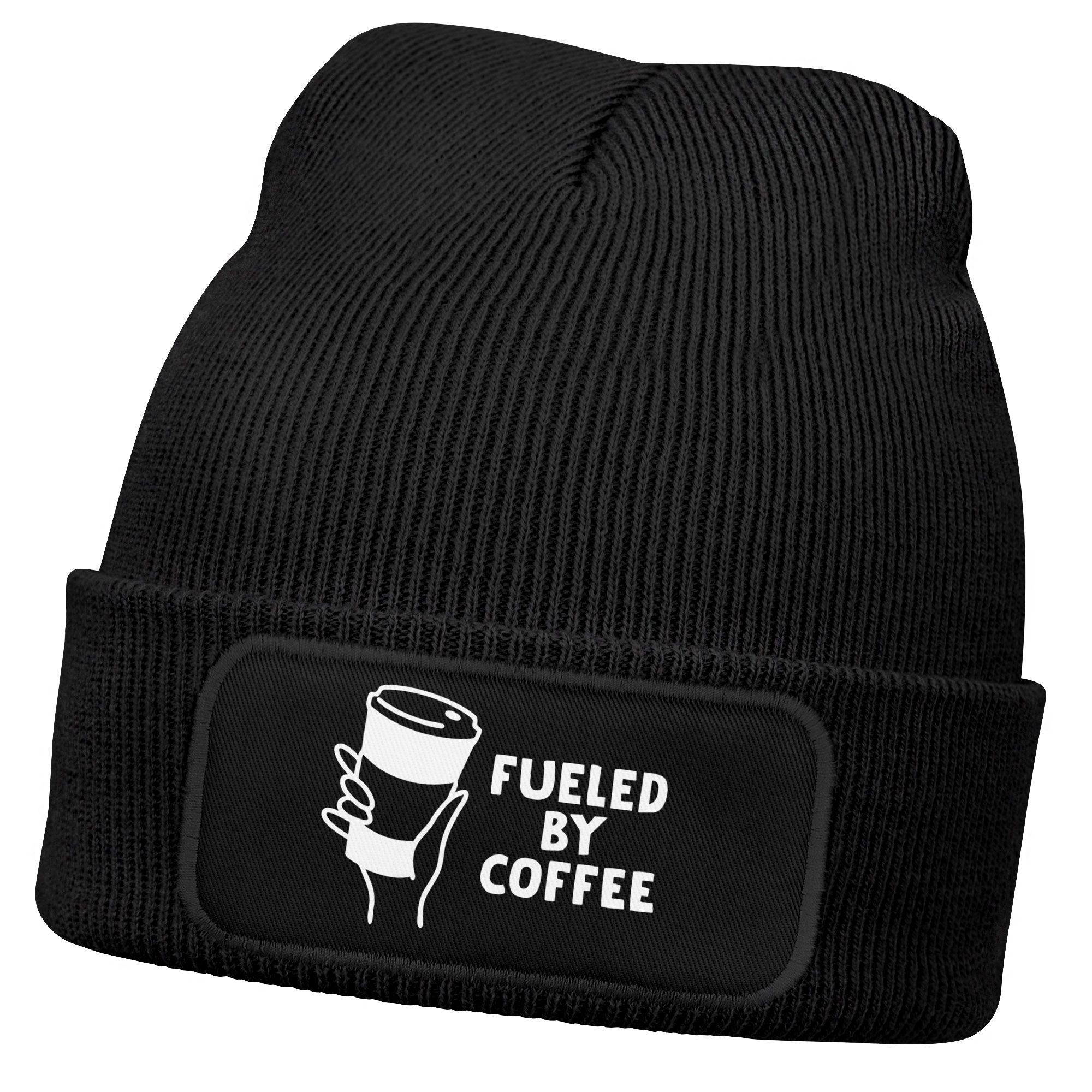 Strickmütze Damen Beanie mit Patch Strickmütze mit Spruch Fueled by Coffee