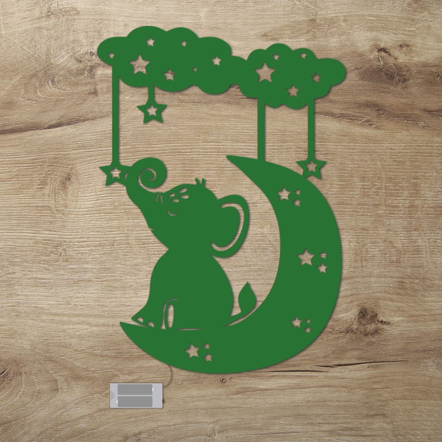 Namofactur LED Nachtlicht Elefant auf Wolke im Sternenhimmel - Schlaflicht mit Elefanten Motiv, Ohne Zugschalter, LED fest integriert, Warmweiß, Wanddekoobjekt Kinderzimmer Leuchte batteriebetrieben Grün