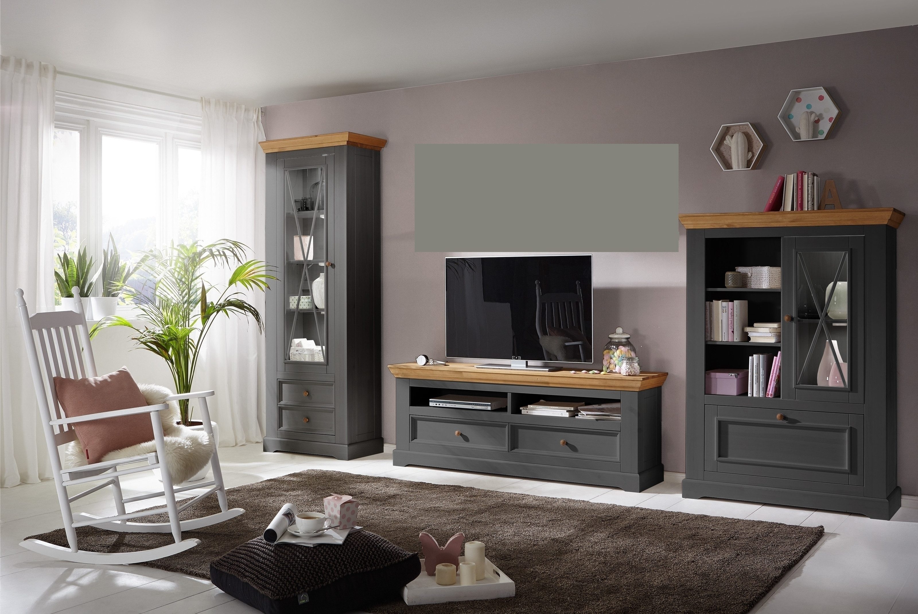 Lebenswert Wohnwand WZ-0133, (3-teilig), (3-teilig) Massivholz grau / eichefarbig - 360x214x42 (BxHxT)