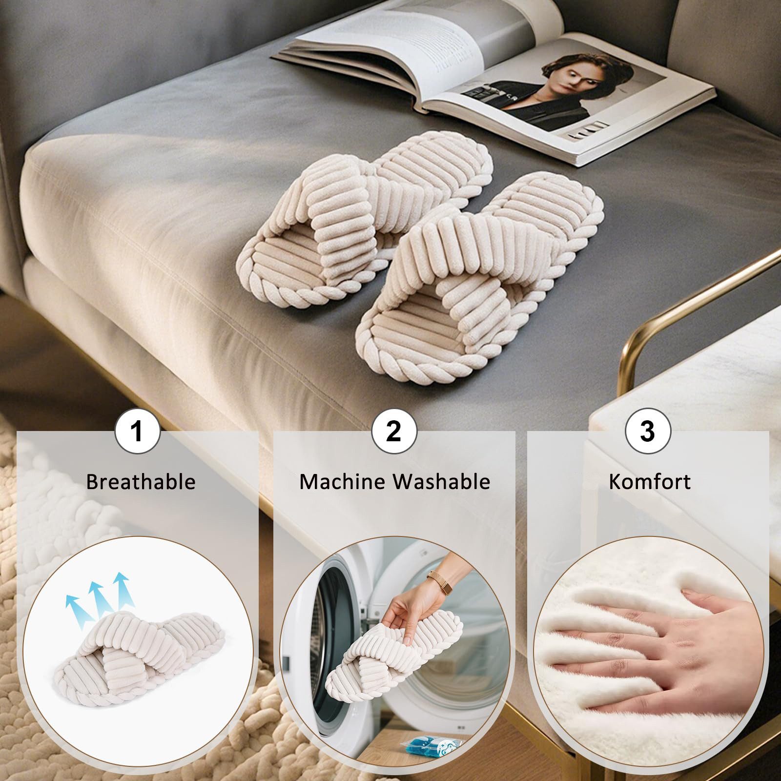 Coonoor Damen Hausschuhe Wohnschuhe, offener Zehen, Querriemen-Schleife Plüsch Hausschuhe rutschfeste Sohle. Bequeme Trend-Slide als stylisches Geschenk – Bild 4 von 5