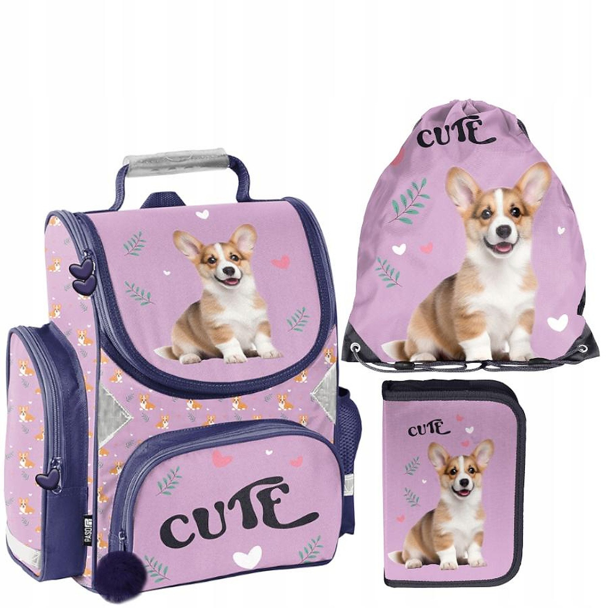 PASO Schulrucksack (Schulset, 3-tlg), Hund Corgi, 3-tlg. Set, Violett