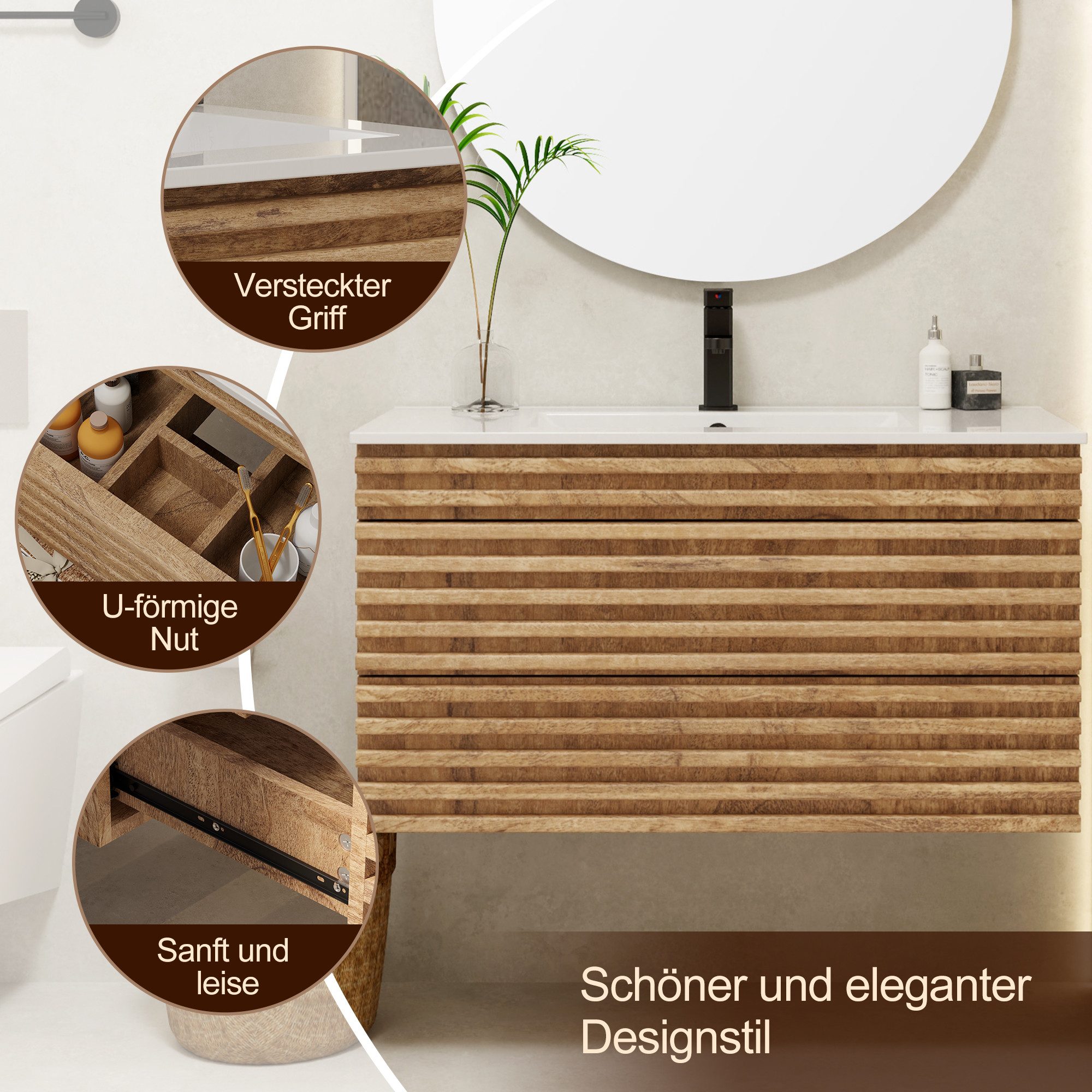 UEV Waschbeckenunterschrank 60cm/75cm/90cm hängend Holz (Waschtischunterschrank, Badmöbel für Gäste WC) Soft-Close System, Unterschranke fürs Bad – Bild 5 von 5