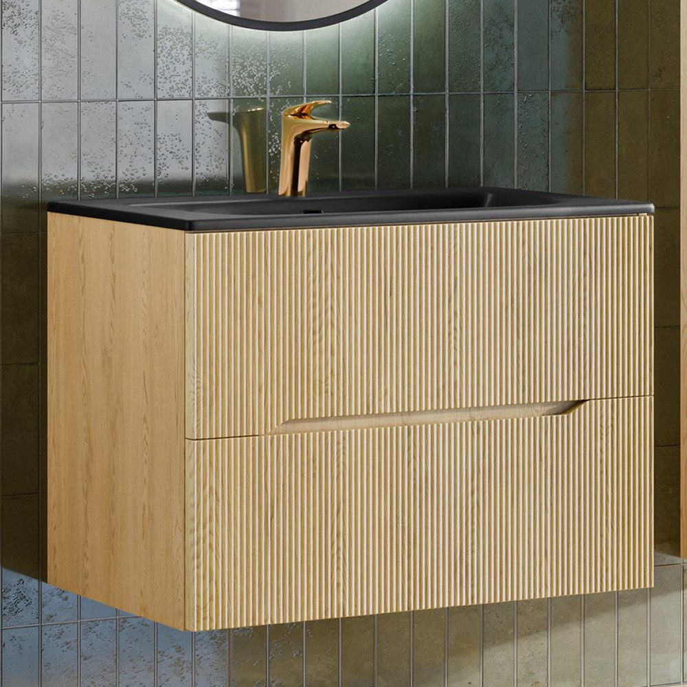 Lomadox Waschtisch NARPIO-56, 81cm breit in Eiche mit gerillten Fronten, grifflos, wandhängend