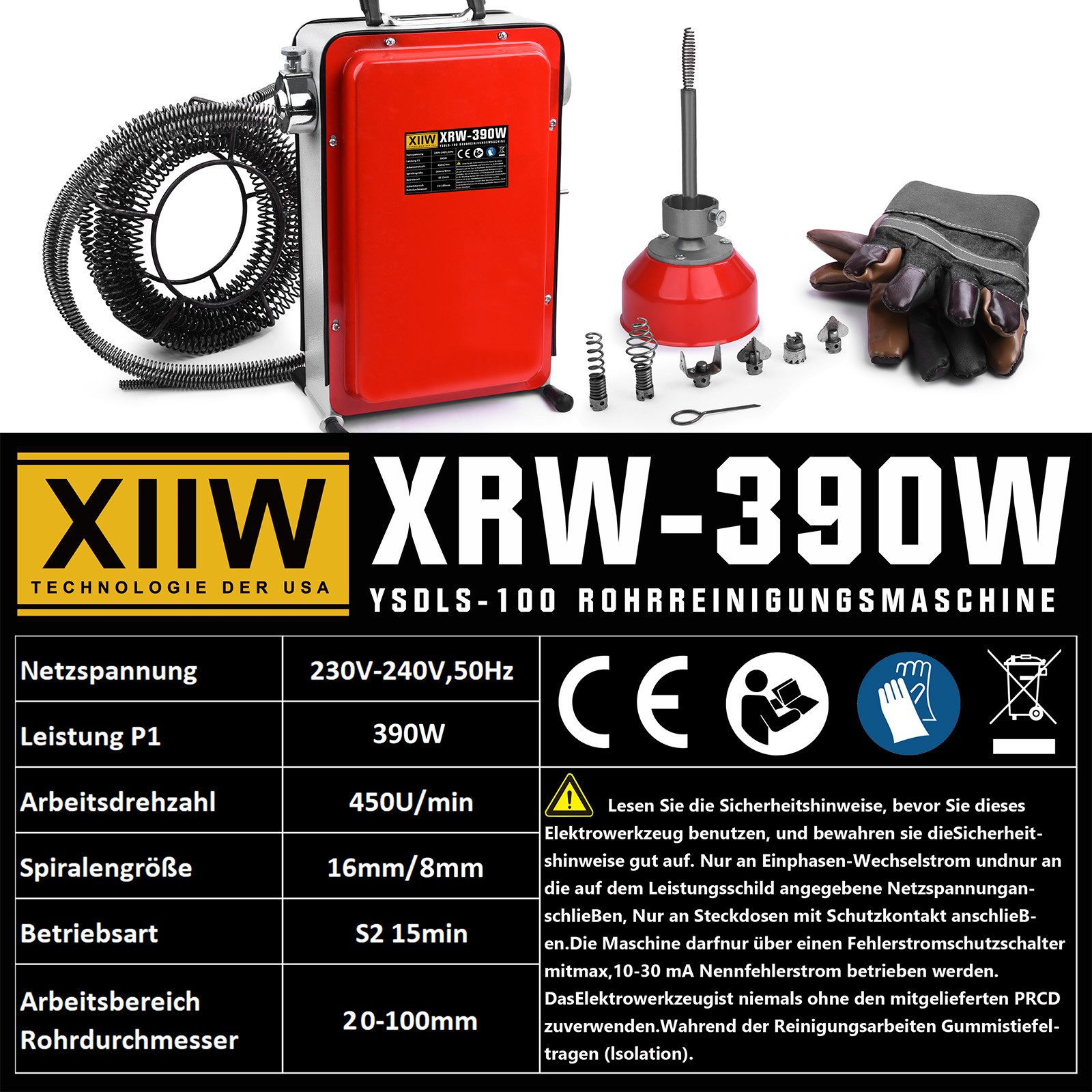 XERSEK Rohrreinigungsspirale Elektrische Rohrreinigungsmaschine Rohrleitungen Rohrreiniger Ø2-10cm, L: 14500 cm, ∅ 16,00 mm, Rohrreinigungsspirale Ø8mm 10M, 16mm 14,5M Spiralen