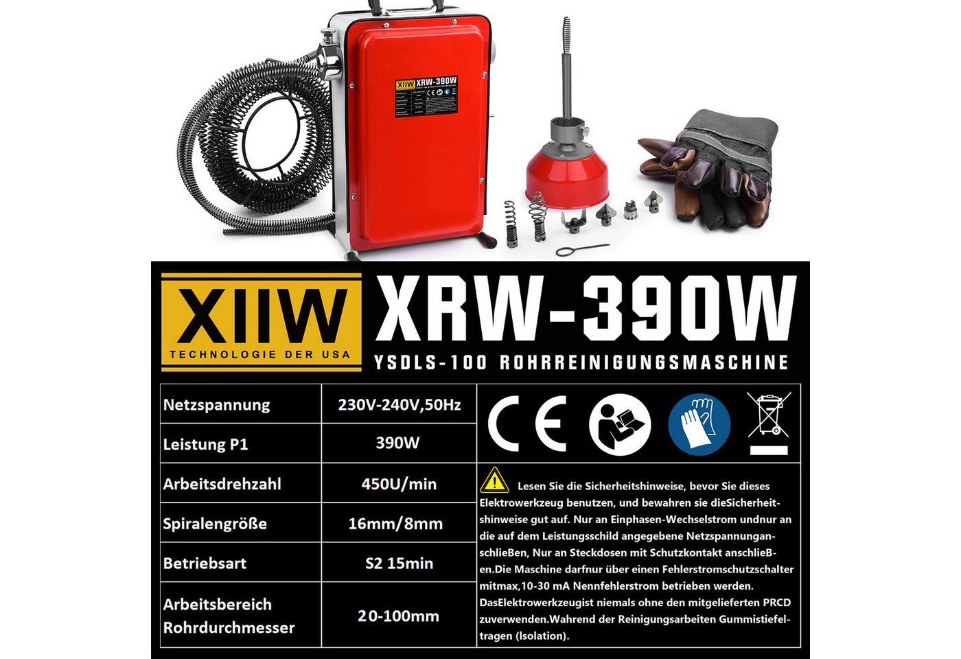 Thumbnail - XERSEK Rohrreinigungsspirale Elektrische Rohrreinigungsmaschine Rohrleitungen Rohrreiniger Ø2-10cm, L: 14500 cm, ∅ 16,00...