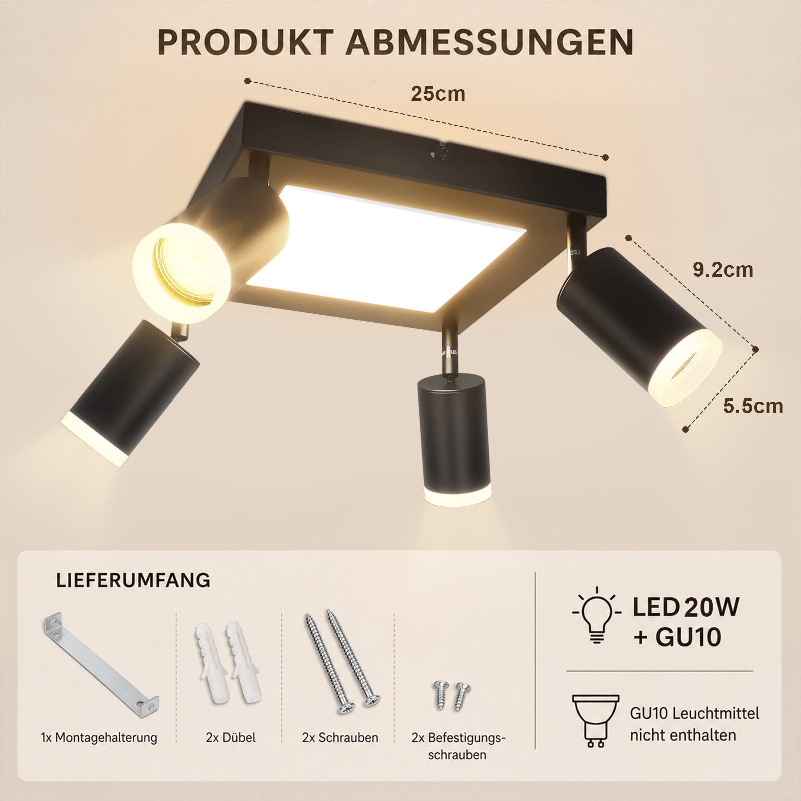 ZMH Deckenstrahler 4 Flammig Quadratisch/Rund 20W Deckenleuchte 3000K GU10 Wohnzimmer, Einfache Installation, LED fest integriert, ohne Leuchtmittel, Warmweiß