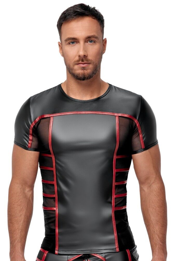 NEK Muskelshirt Shirt halb transparent halb Wettlook - schwarz, rot (1-tlg) Schwarzer Mattlook mit Feinnetz-Einsätzen seitlich