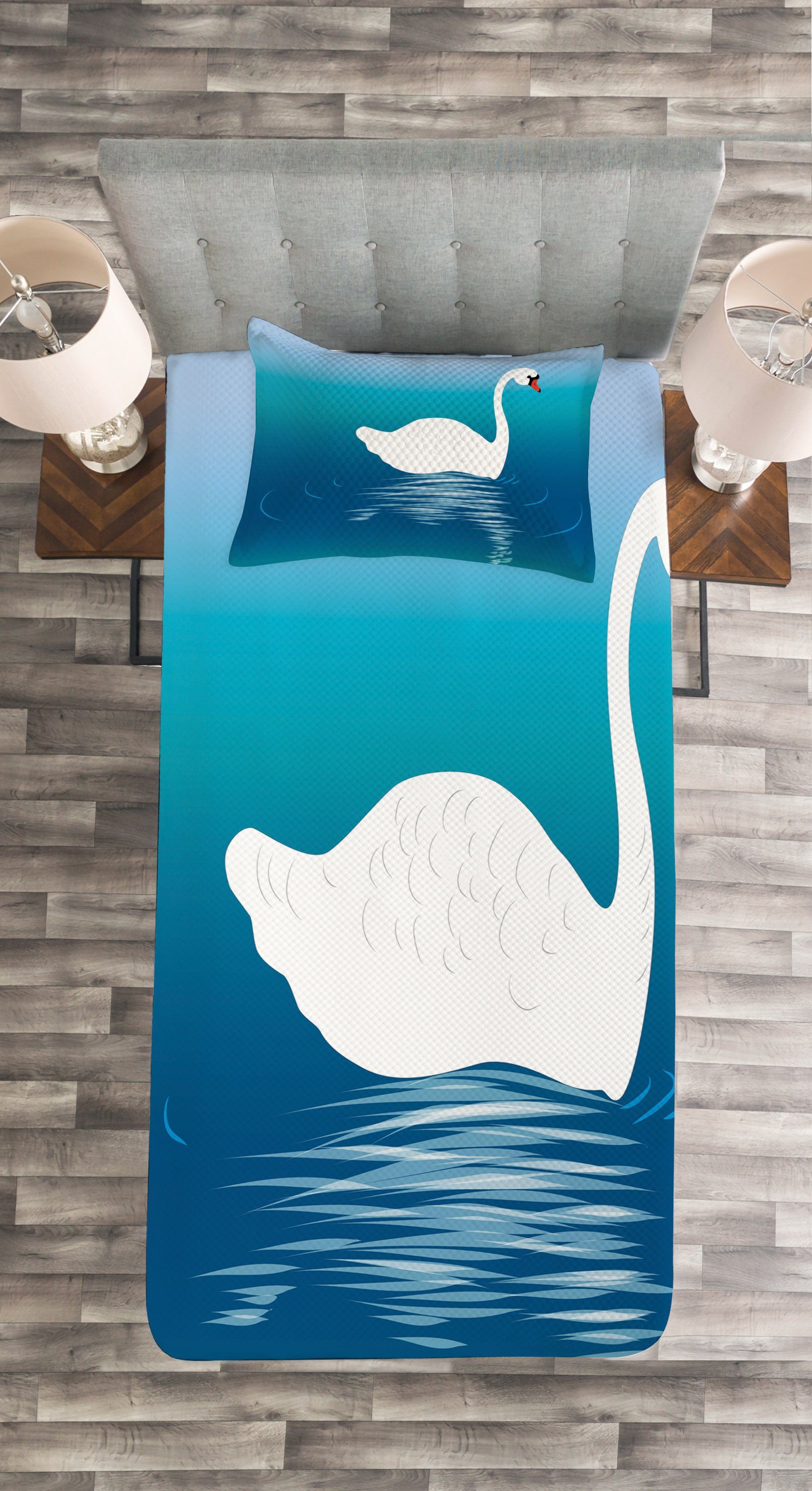 Waschbar, Ombre-Kunst-Wasser Ruhe mit auf Kissenbezügen Abakuhaus, Set Tagesdecke Vogel Schwan