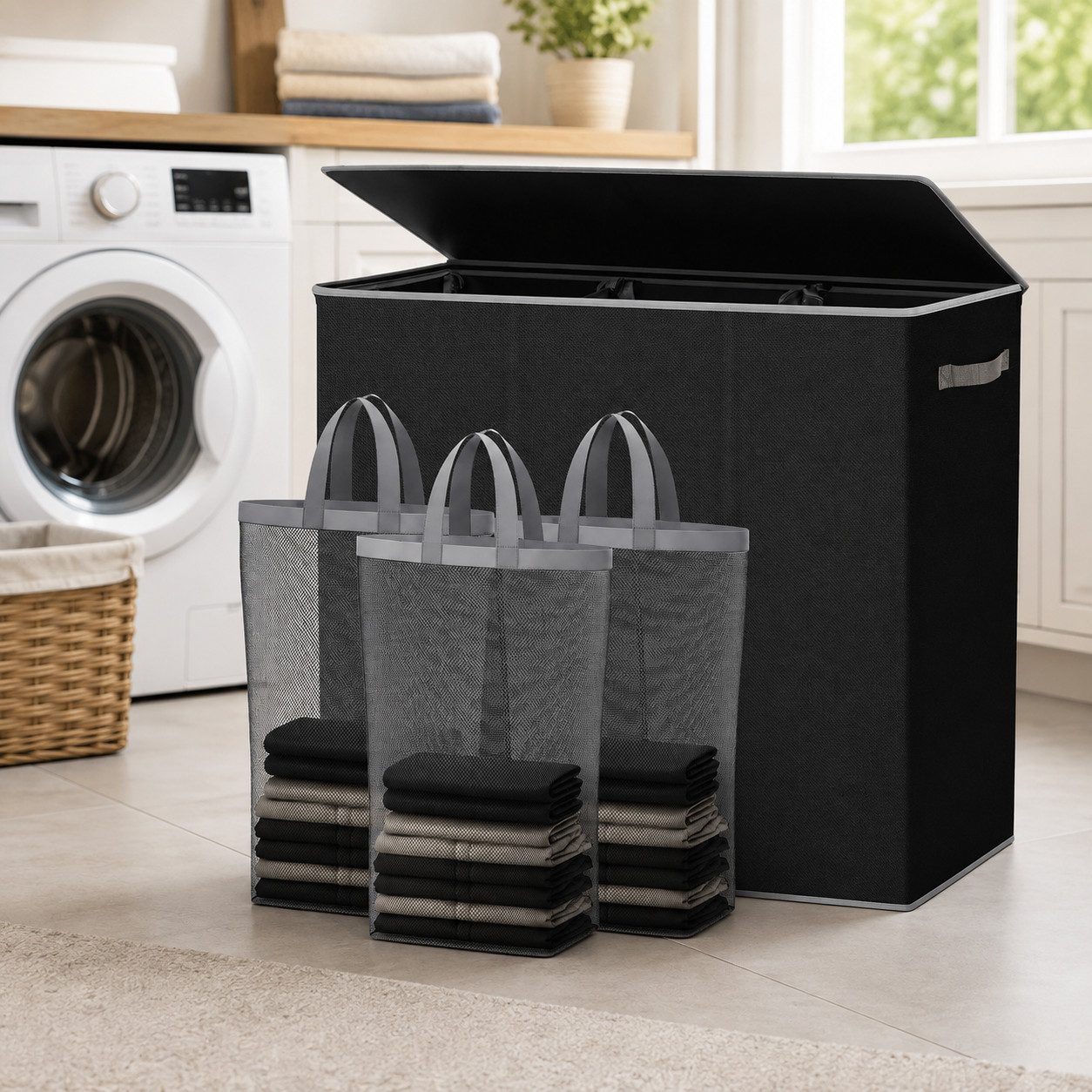 Best for Home Wäschekorb 180 l Fassungsvermögen, 3 Fächer, 3 Wäschesäcke, klappbarer Deckel. (Set, 4 St., Wäschekorb inklusive 3 herausnehmbarer Wäschesäcke), 180 Liter Fassungsvermögen, 3 herausnehmbare Wäschesäcke.