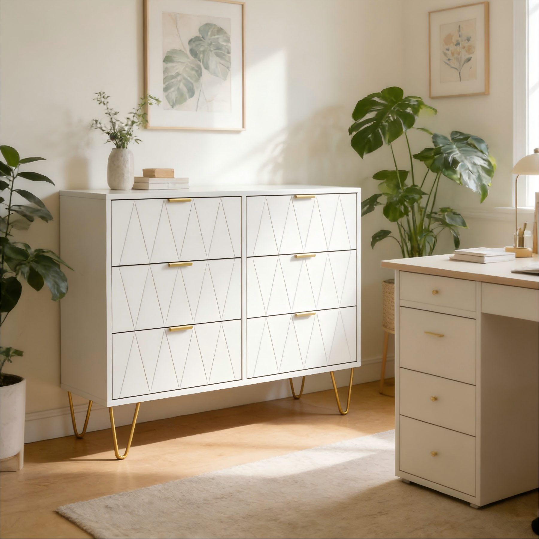 UEV Kommode mit 6 Schubladen, Sideboard für Wohnzimmer Schlafzimmer (Highboard, Sideboard mit Schubladen, Schmal kommode, 100 x 34 x 73 cm Mehrzweckschrank), Küchenschrank Buffet TV Board Schrank mit Füße Aufbewahrungsschrank